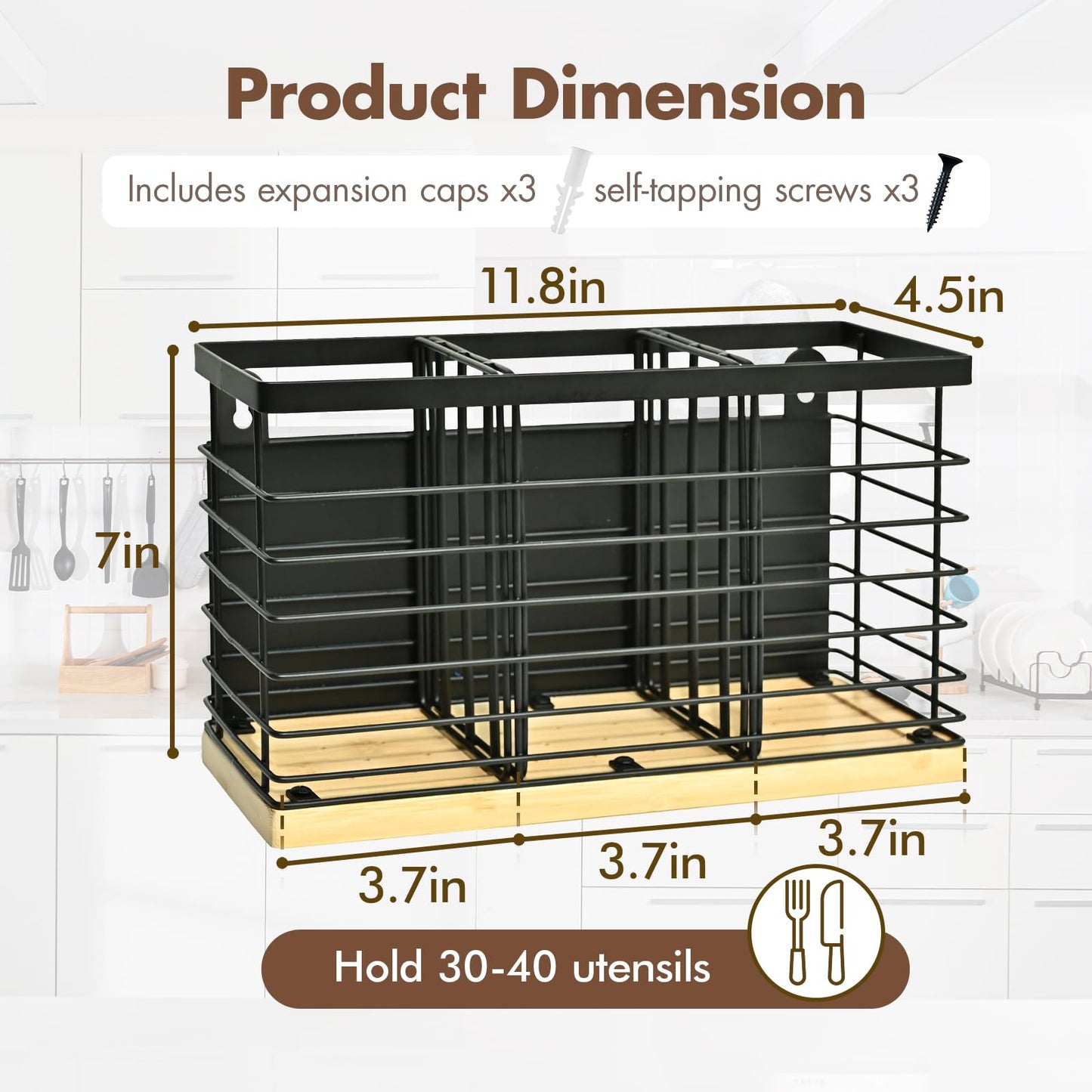 MSJGA Magnetic Utensil Holder for Fridge - 3 Compartment Wall Mounted & Countertop Metal Utensil Organizer with Bamboo Base, Kitchen Utensil Caddy for Spoons, Forks, Knives, Black