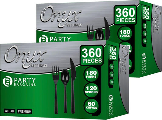 PARTY BARGAINS Onyx Settings Black Plastic Cutlery Set 720‑Piece – 360 Forks, 240 Spoons, 120 Knives – Heavy‑Duty Disposable Utensils for Parties, Weddings, Buffets, BBQs & Catering – BPA Free