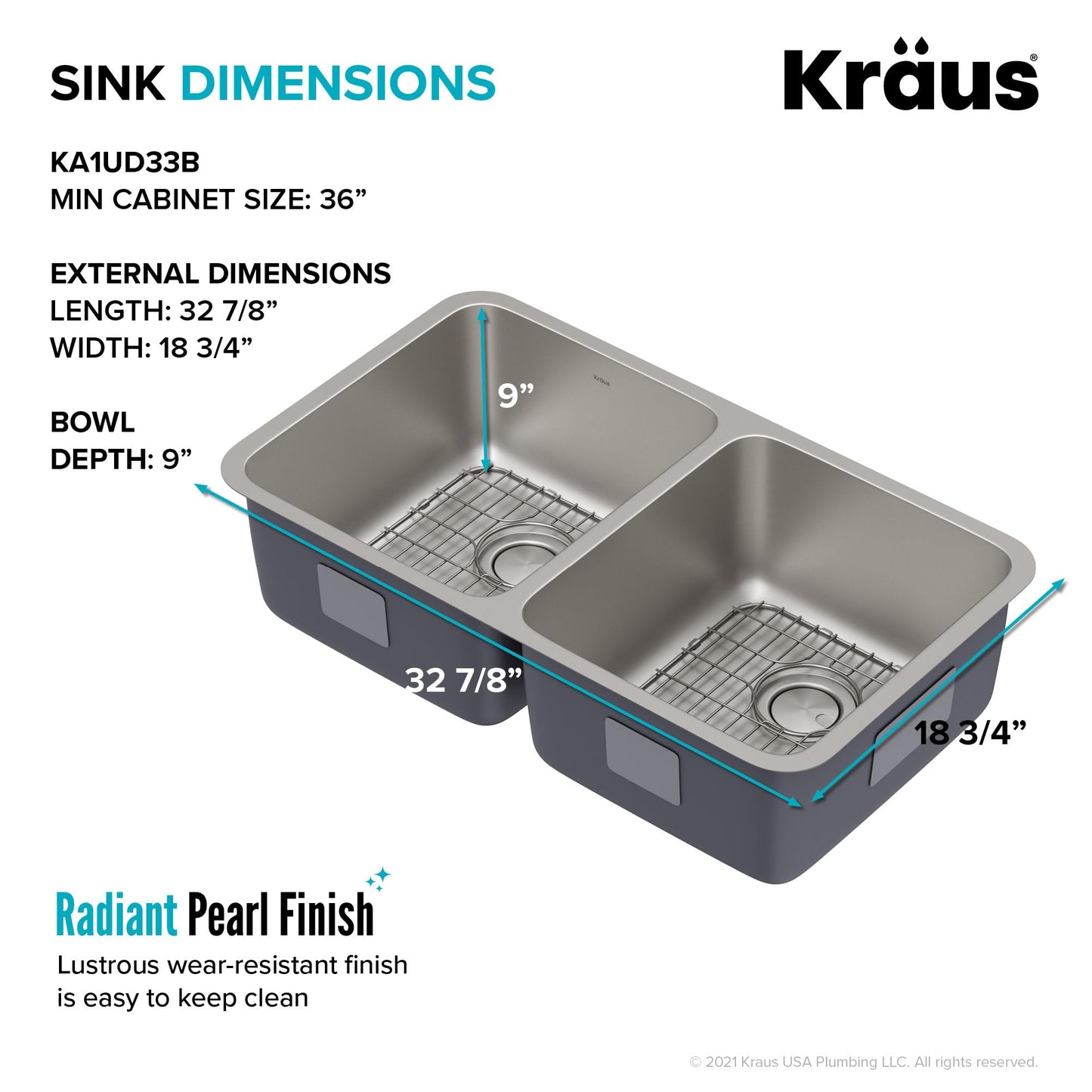 KRAUS Dex 33-inch Undermount 16 Gauge Stainless Steel Double Bowl Kitchen Sink, KA1UD33B