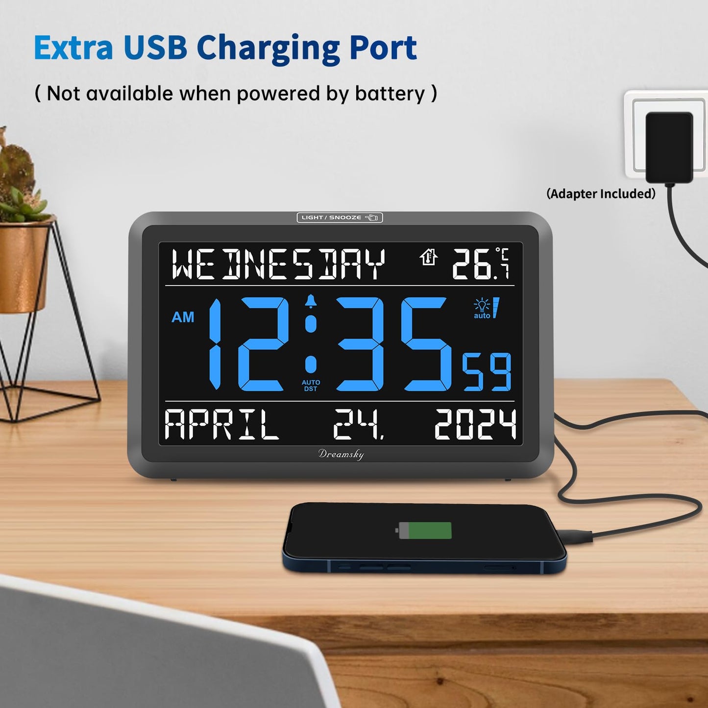 DreamSky Large Digital Clock with Date and Day of Week - Electric Desk Clock for Seniors Elderly, Bedroom Alarm Clock with Battery Backup, Dimmer, USB Port, Auto DST, Temperature, Adjustable Volume