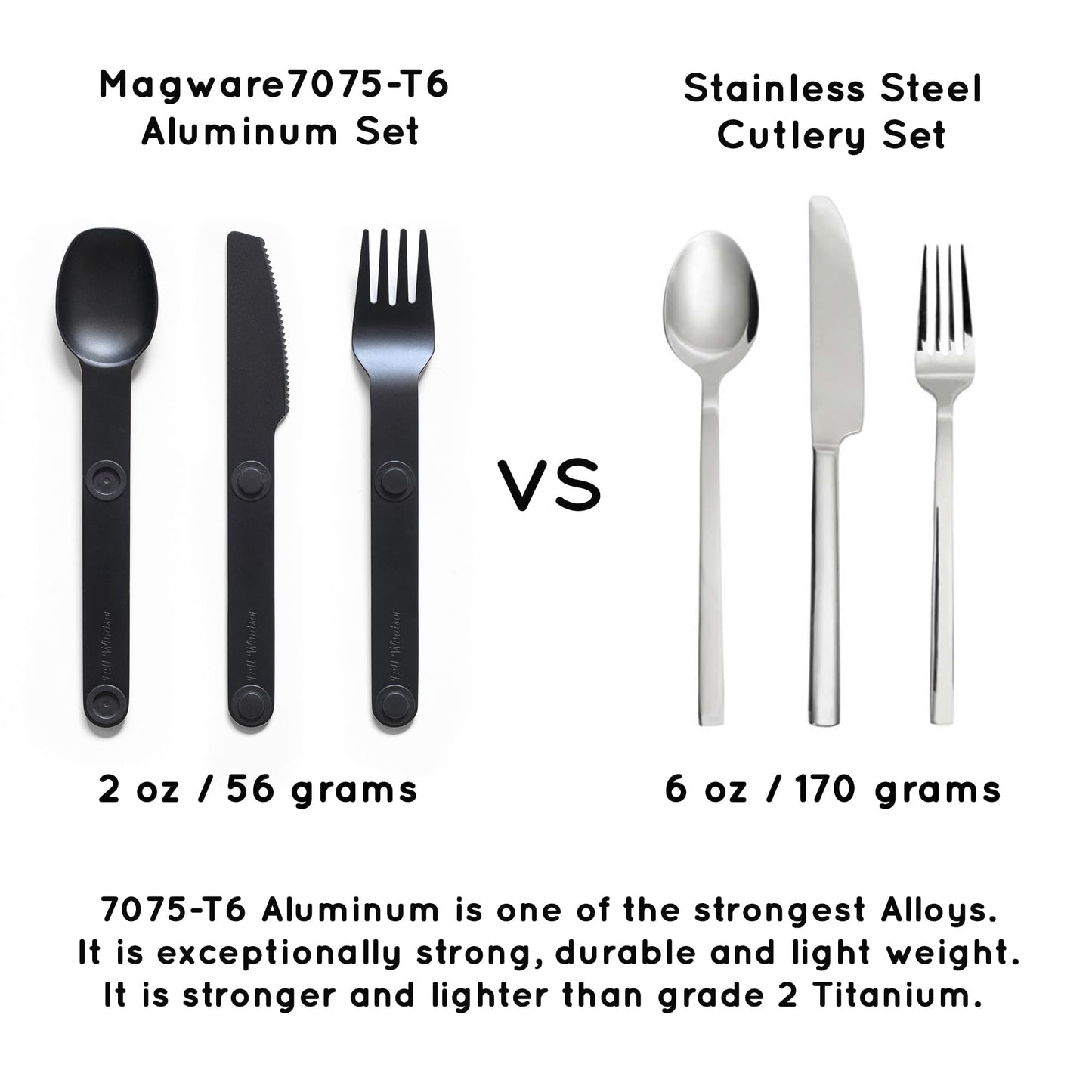 FULL WINDSOR Magware Camping Set - Travel Utensils for Outdoor Dining, Backpacking & Camping Essentials - Knife, Fork & Spoon with Pouch - Magnetic Silverware Lunchbox Utensils Cutlery - Black (3 PCS)