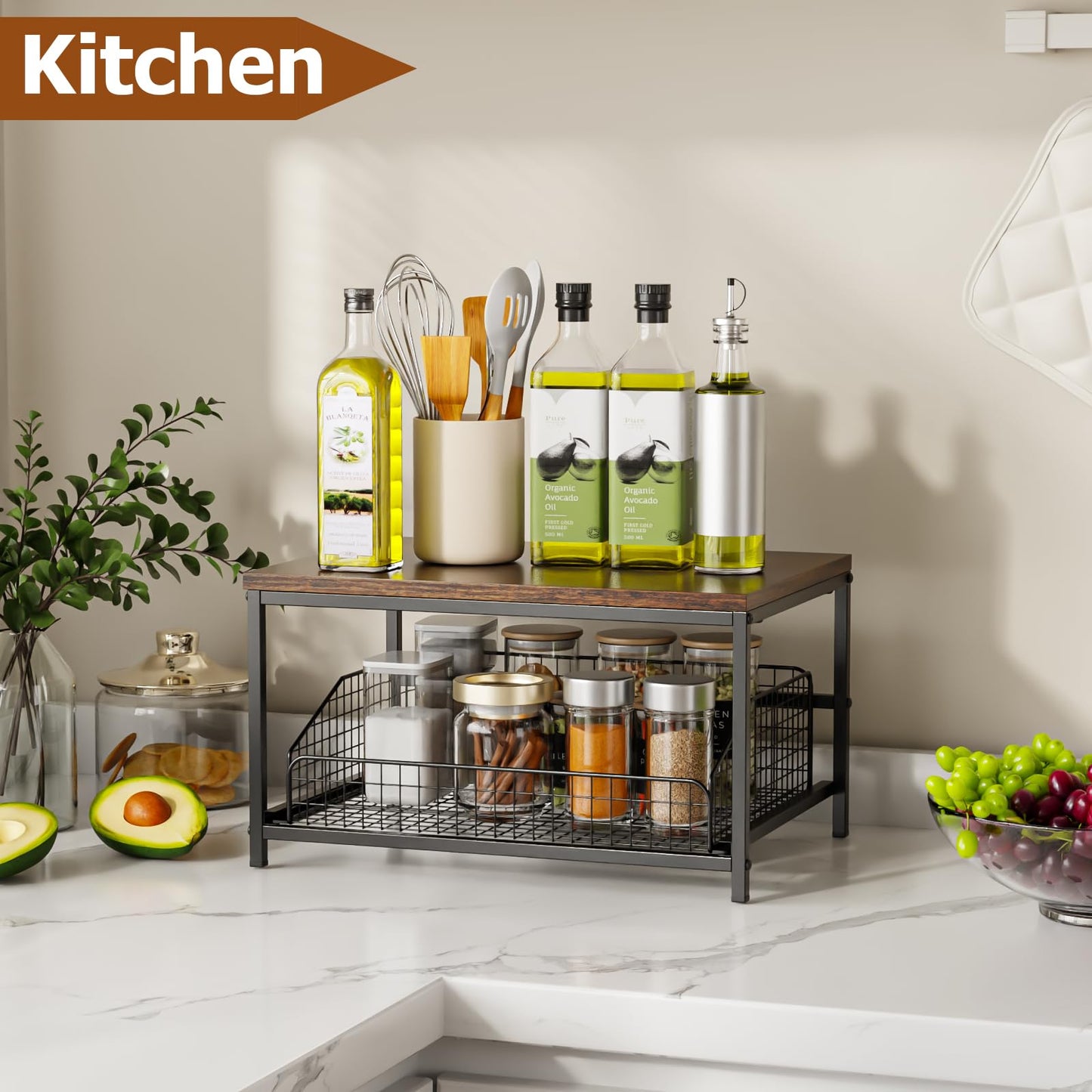 KLM Pull Out Spice Rack Organizer for Cabinet,Rustic Wood Top with Wire Basket Storage,Kitchen Countertop Organizer and Storage for Pantry, Counter top,Coffee Station Wood. (Brown)