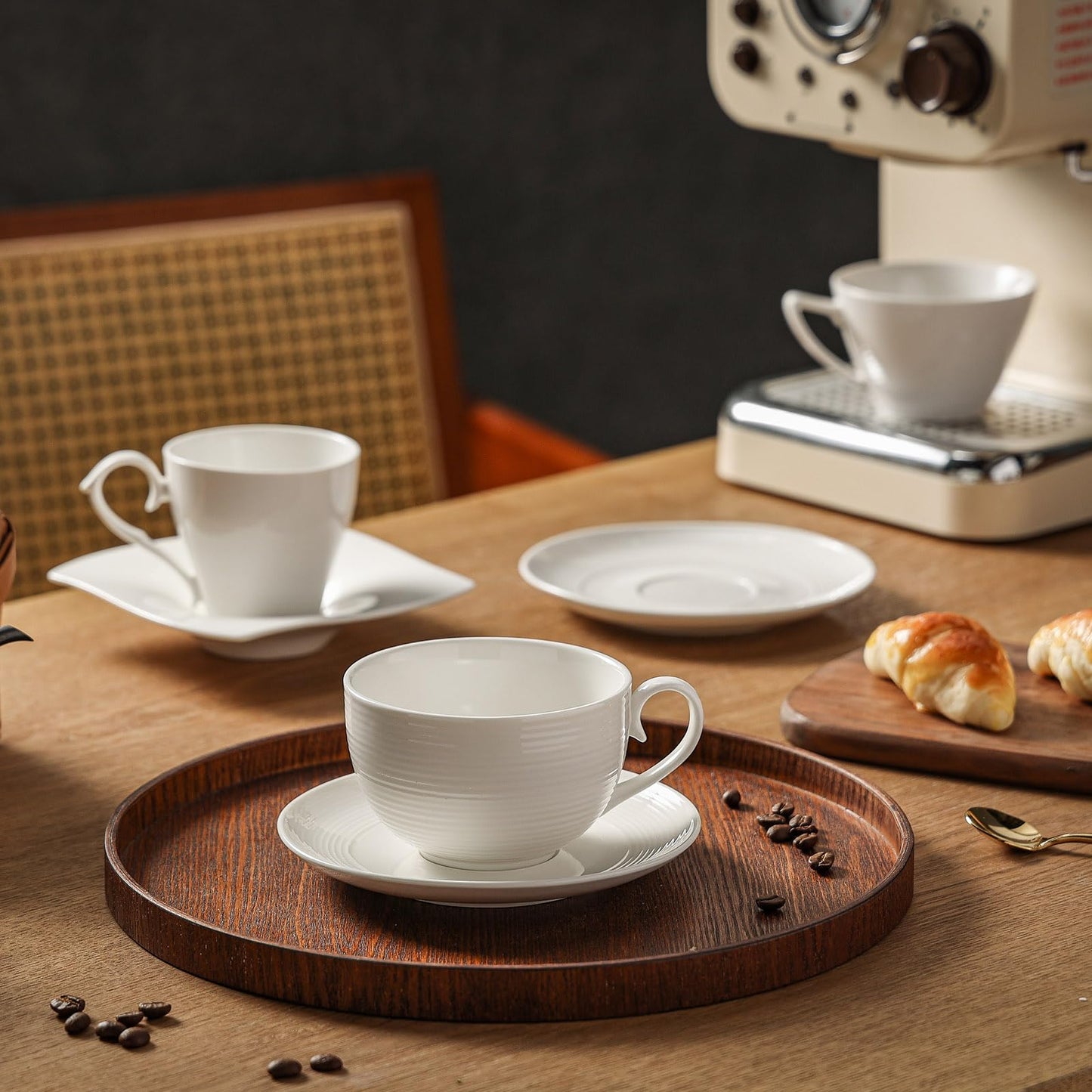 Feenmai 12 oz Cappuccino Cups with Saucers, Ceramic Espresso Coffee Cups Set of 4, White Latte Cup and Saucer, Elegant Tea Mugs Set, Microwave Dishwasher Safe Drinkware for Cafe, Housewarming Gift