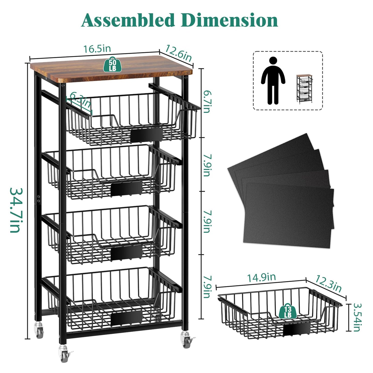 CHLORYARD 5-Tier Vegetable Fruit Basket Kitchen Storage Rolling Cart on Wheels with Pull-Out Baskets and Wood Top for Kitchen Diningroom Pantry