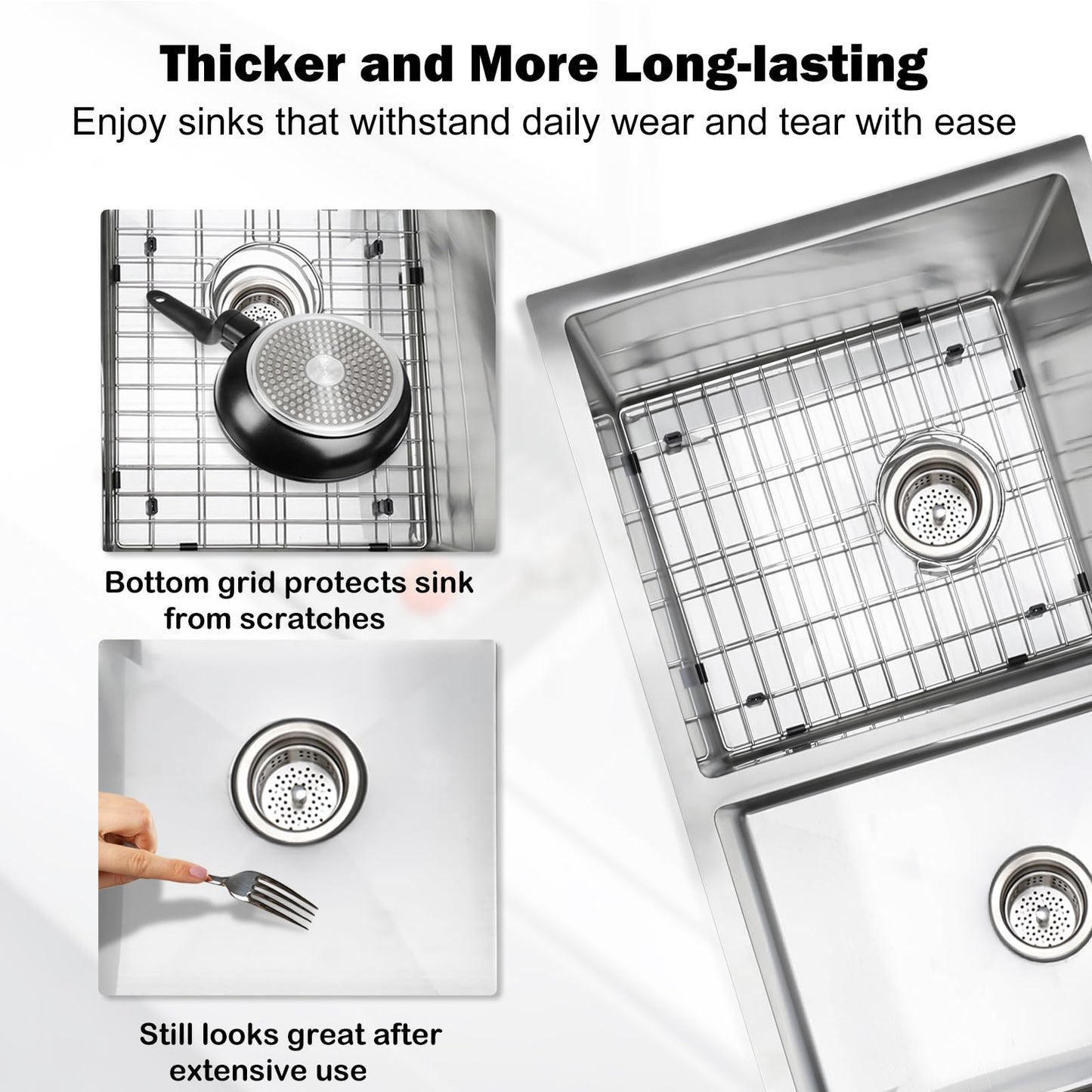 SANYCASA 33 Inch Double Bowl Kitchen Sinks with Quick Drain Slope - 11 Gauge (3mm) 304 Stainless Steel Undermount Kitchen Sink with Accessories