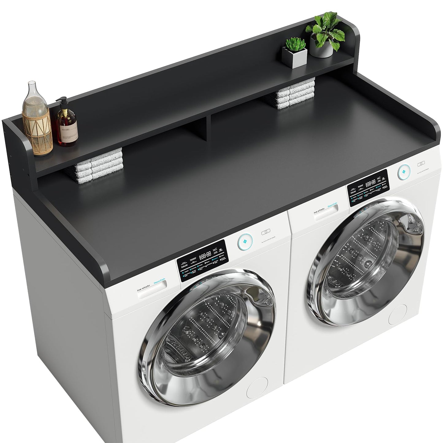 Corbyles 2-Tier Washer Dryer Countertop with 2.75" H Edge Rails, 58" W x 28" D Laundry Countertop for Folding Clothes, Washer and Dryer Topper with Non-Slip Pad (Black)