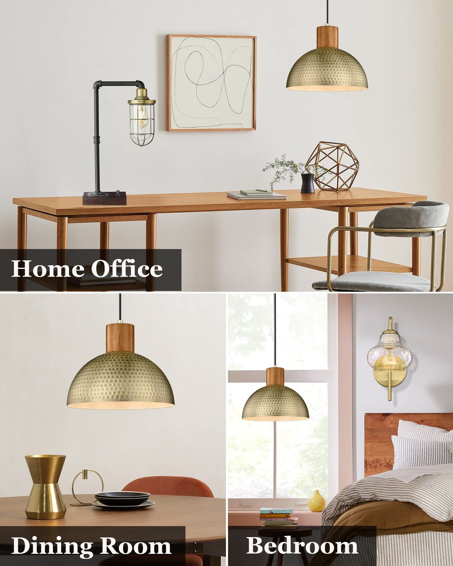 ELYONA 2 Pack Hammered Pendant Lights 12” Vintage Metal & Wood Dome Hanging Lamp Antique Gold Industrial Kitchen Pendant Light Fixtures for Island, Farmhouse, Dining Room, Sink, Hallway, Brushed Brass