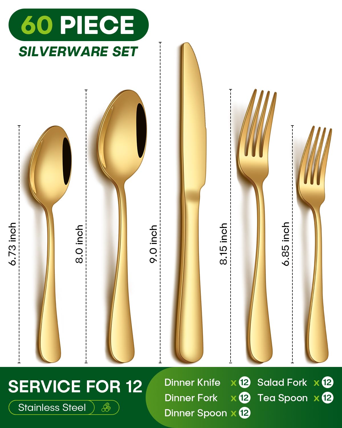 PHILIPALA 60 Piece Gold Silverware Set, Stainless Steel Flatware Set for 12 Food Grade Cutlery Utensil Set Include Knife Fork Spoon Mirror Polished Dishwasher Safe