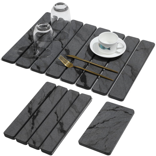 2 PCS Stone Dish Drying Mat for Kitchen Counter,Quick Dry Stone Dishes Mats,Marbled Water Absorbing Diatomaceous Earth Drying Pad for Countertop Bottles Utensils Cups（Dark Gray 20"×14" & 8"x4"）