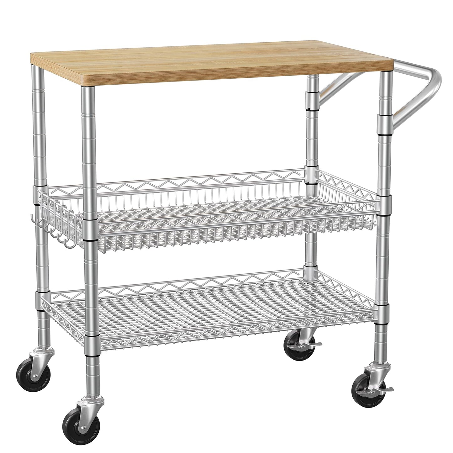 3 Tier Rolling Kitchen Carts on Wheels with Storage,650Lbs Heavy Duty Utility Carts with Wheels,Kitchen Island with Wood Tabletop,Metal Serving Rolling Cart for Small Appliance Food Cart,Wood+Metal