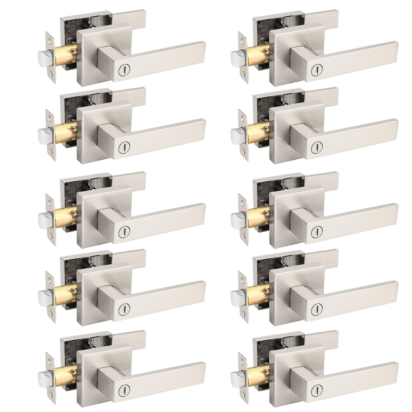 NIZADO 10 Pack Brushed Nickel Bed Bath Door Lever, Square Privacy Lever Door Handles, Keyless Heavy Duty Interior Door Handles, Reversible for Left Right Doors