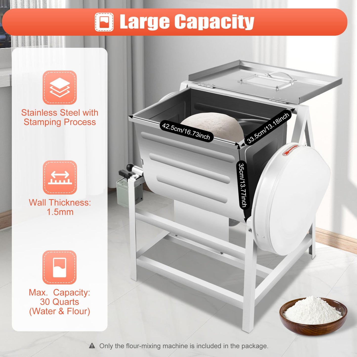 Lumicasaler Commercial Dough Mixer, 30QT Electric Flour Mixing Machine, 1500W Dough Kneader Machine with 90° Tilt Stainless Steel Bowl and Double Belts, 40r/min Forward/Reverse for Bakery Pizza Shop