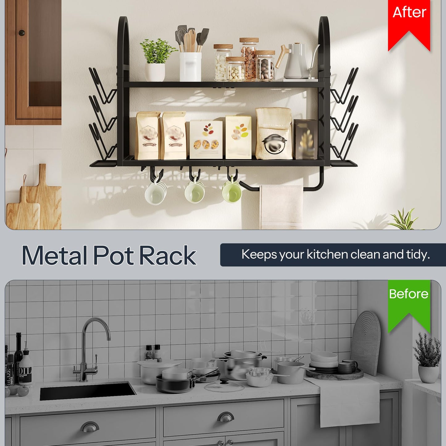 HOOBRO 30 Inch Pot Rack Wall Mounted, 2 Tier Pots and Pans Organizer with 6 Lid Holders and 10 Hooks, Wall-Mounted Pan Hanger with Towel Bar, for Kitchen Cookware Utensils Storage, Black BB100TL01