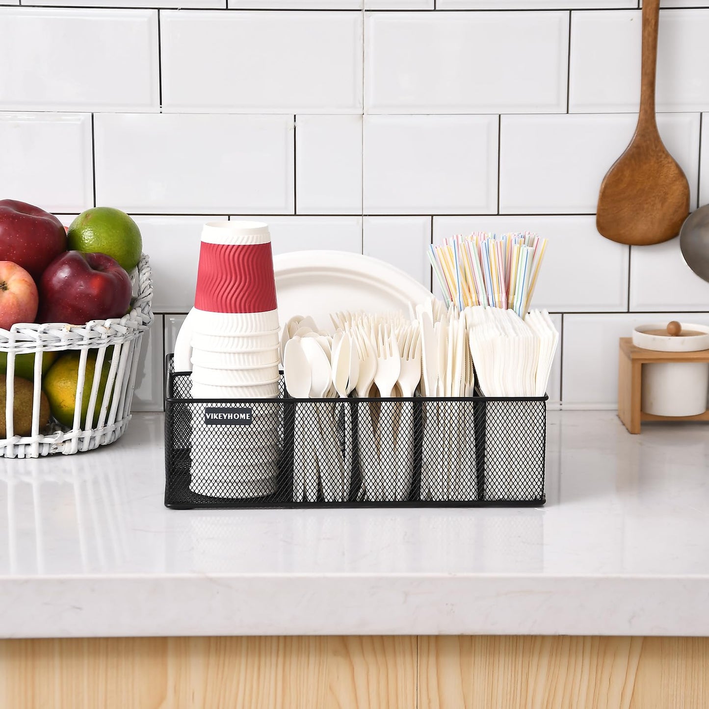 VIKEYHOME Paper Plate Organizer for Countertop, Metal Silverware Caddy with 6 Compartments for Cup, Napkin, Utensil Holder Caddy for Party, Camping, Picnic
