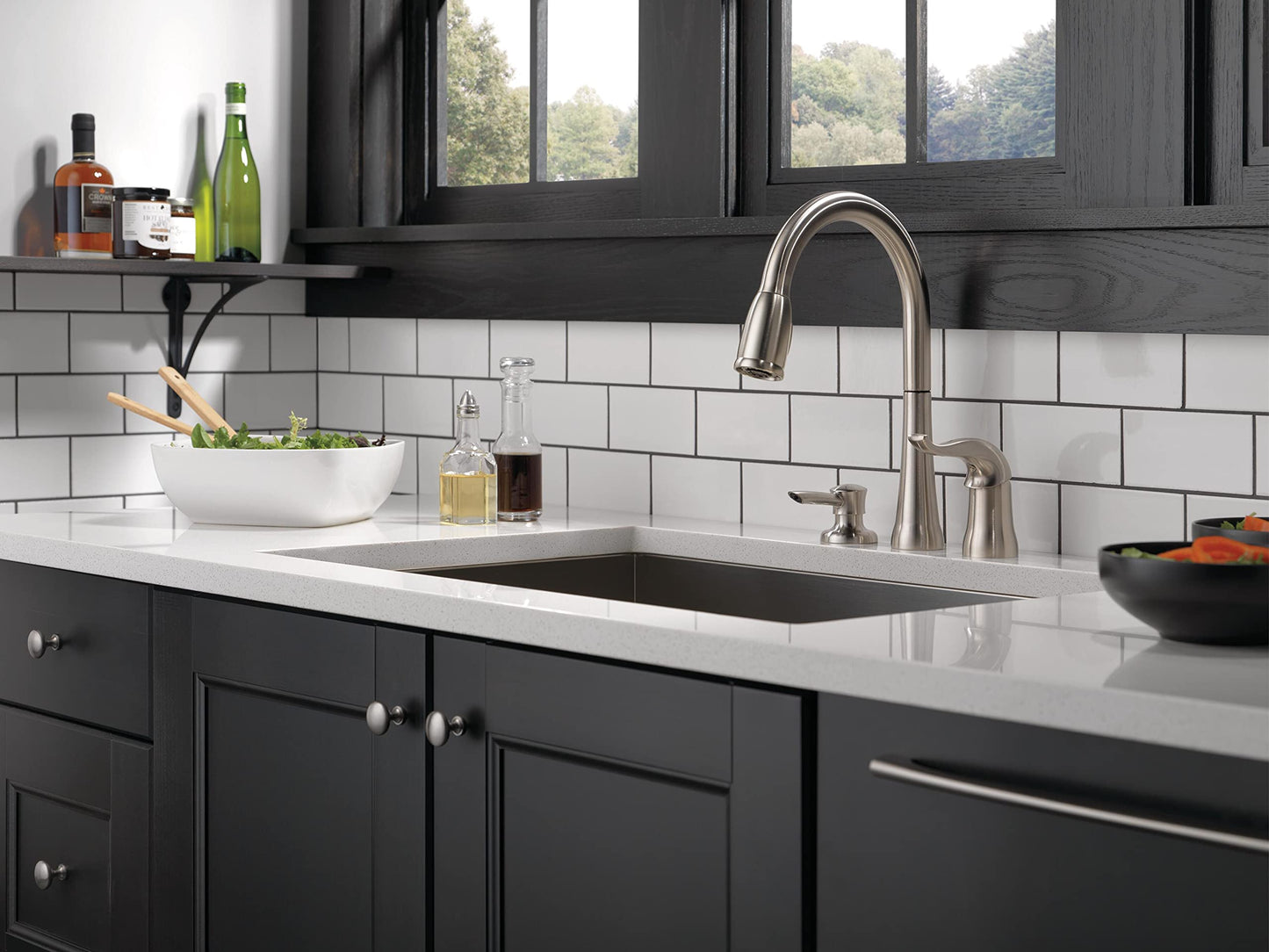 Delta Kate Brushed Nickel Kitchen Faucet with Pull Down Sprayer and Soap Disperser, Modern Two Hole Kitchen Sink Faucet, Single Handle, Stainless 16970-SSSD-DST