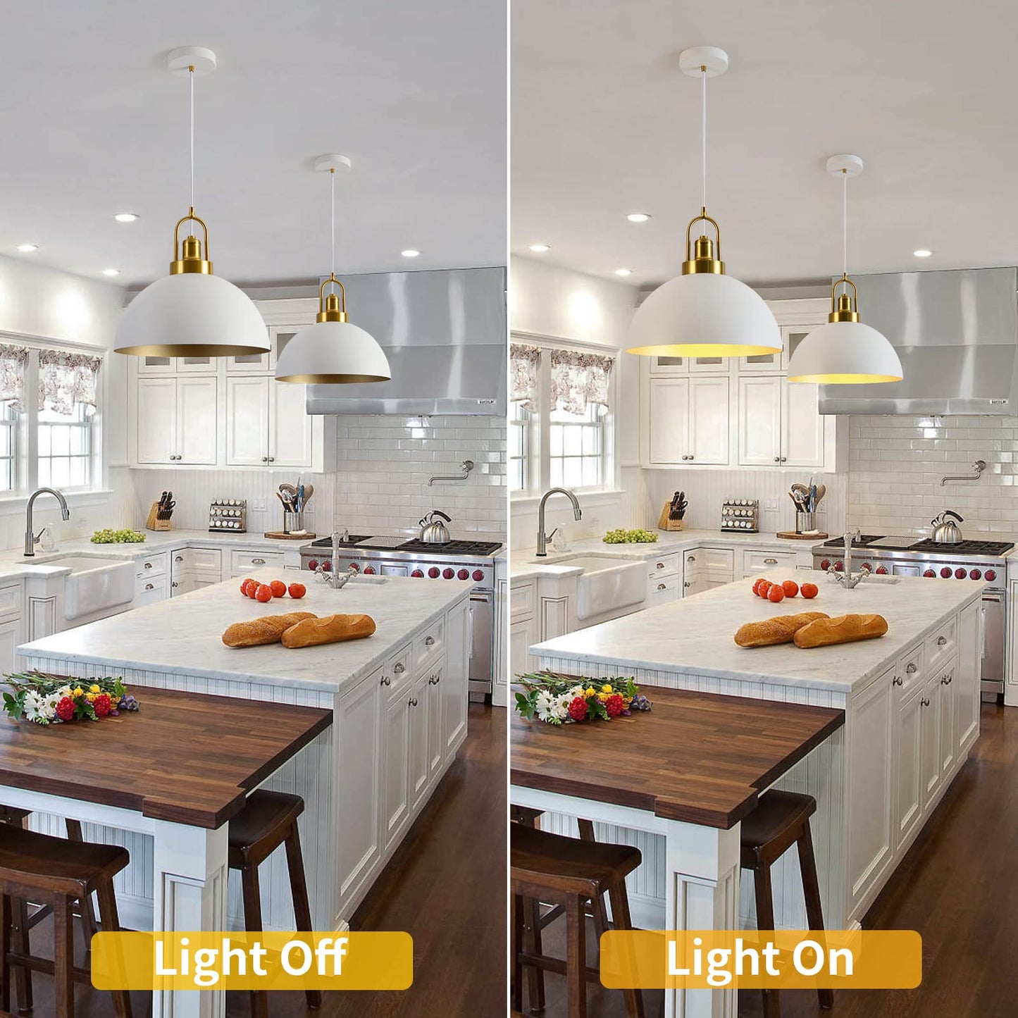 Vintage Industrial Pendant Light - 13.58'' Rustic White and Gold Farmhouse Dome Pendant Lighting, 78.74'' Length, for Kitchen, Dining, Bedroom, Living Room