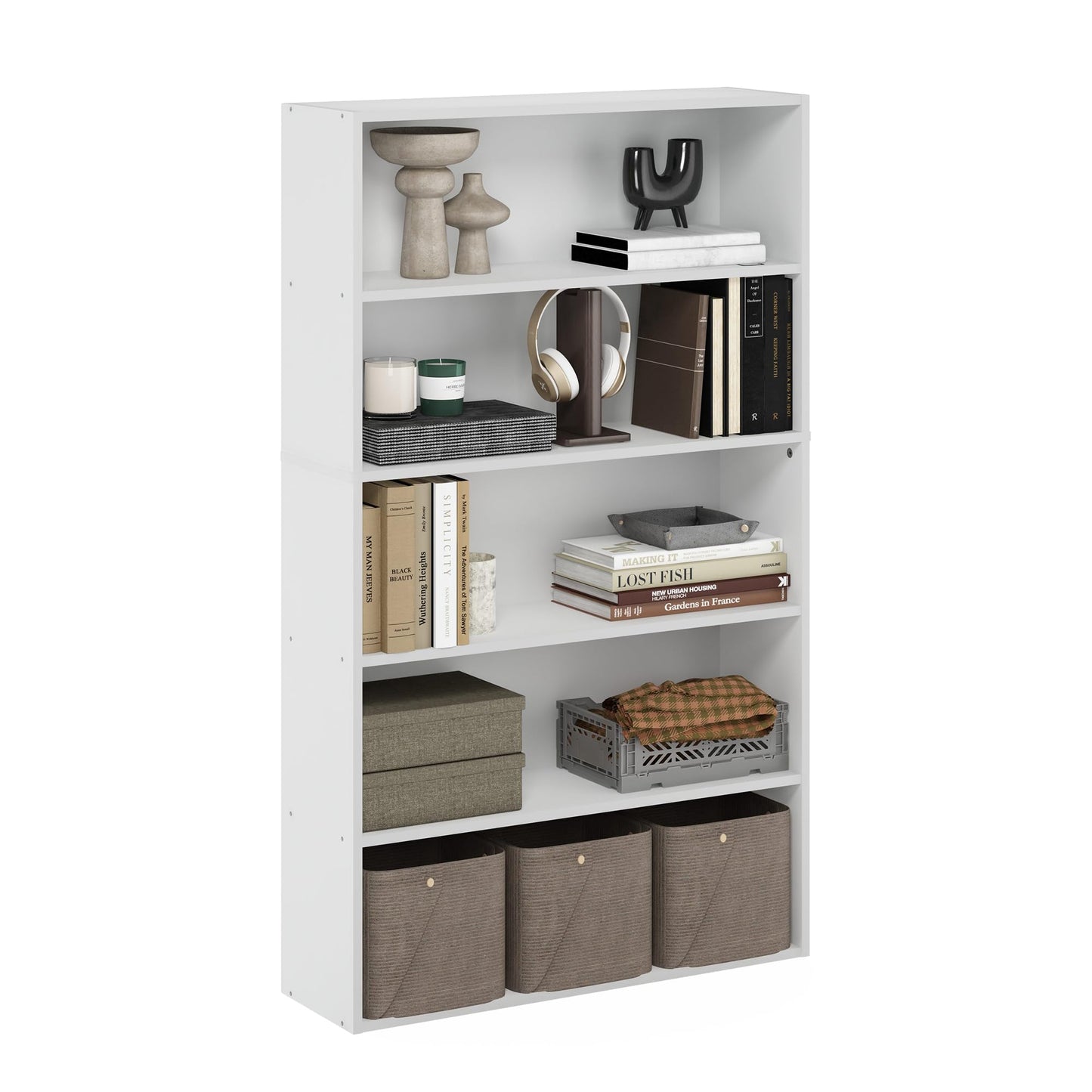 Furinno PASIR Book Shelf, 5-Tier Bookshelf, Bookcase with Open Shelf, 9.4 x 31.5 x 52.7, for Living Room, Bedroom, Home Office, White