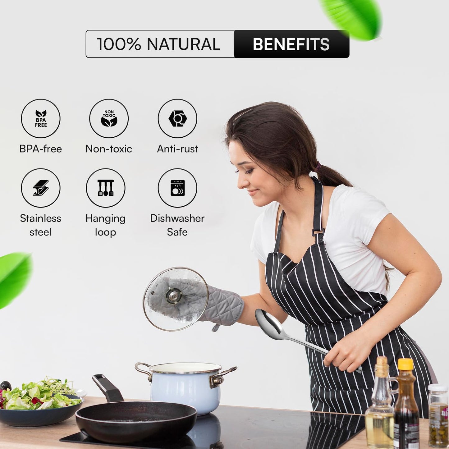 Stainless Steel Cooking Utensils Set 9 Piece, Kitchen Utensil Set Stainless Steel, Metal Cooking Tools Set, Heat Resistant, Dishwasher Safe, Premium Cooking Utensils 13-Inch