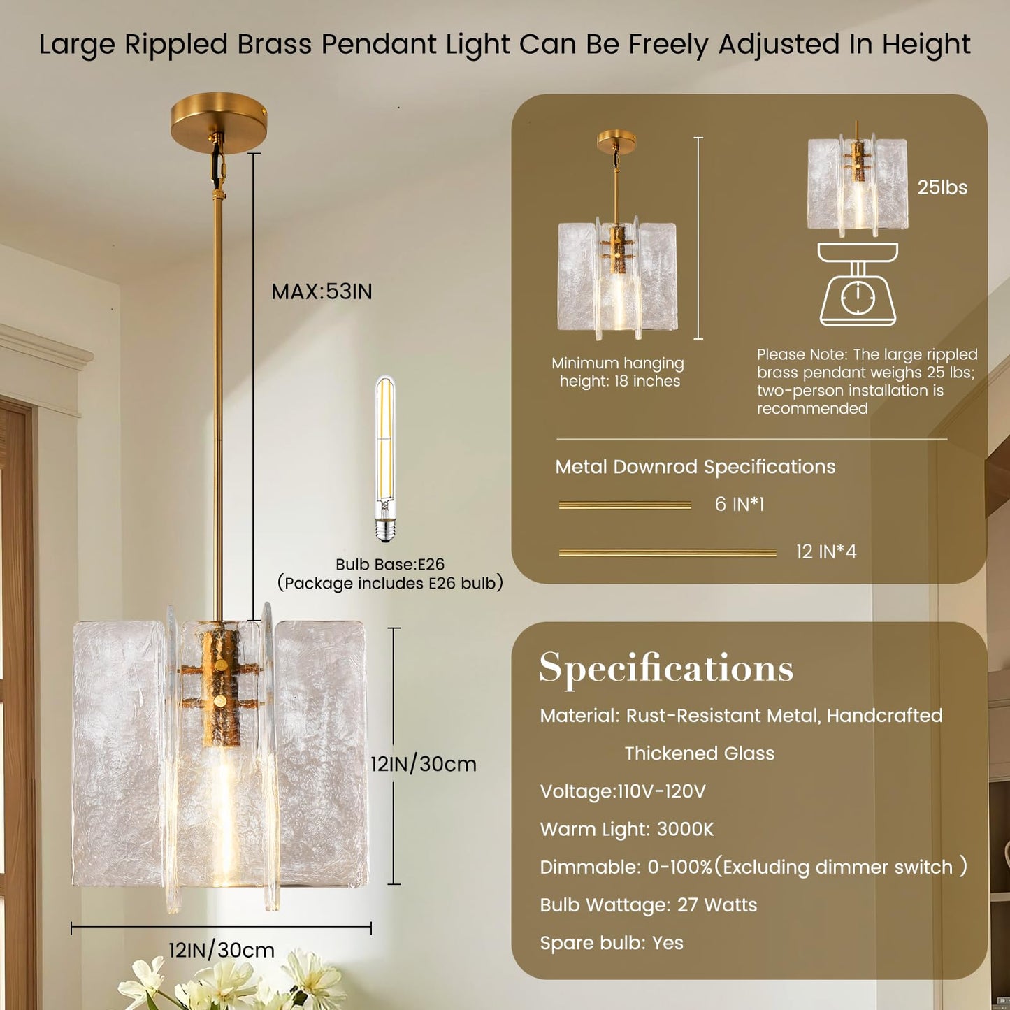 SYBDZSWJ Modern Large 12 in Brass Water Ripple Glass Kitchen Island Pendant Light Fixtures, Glass Island Pendant Lights, for Bedroom, Foyer, Entryway, and Dining Room, Bulbs Included