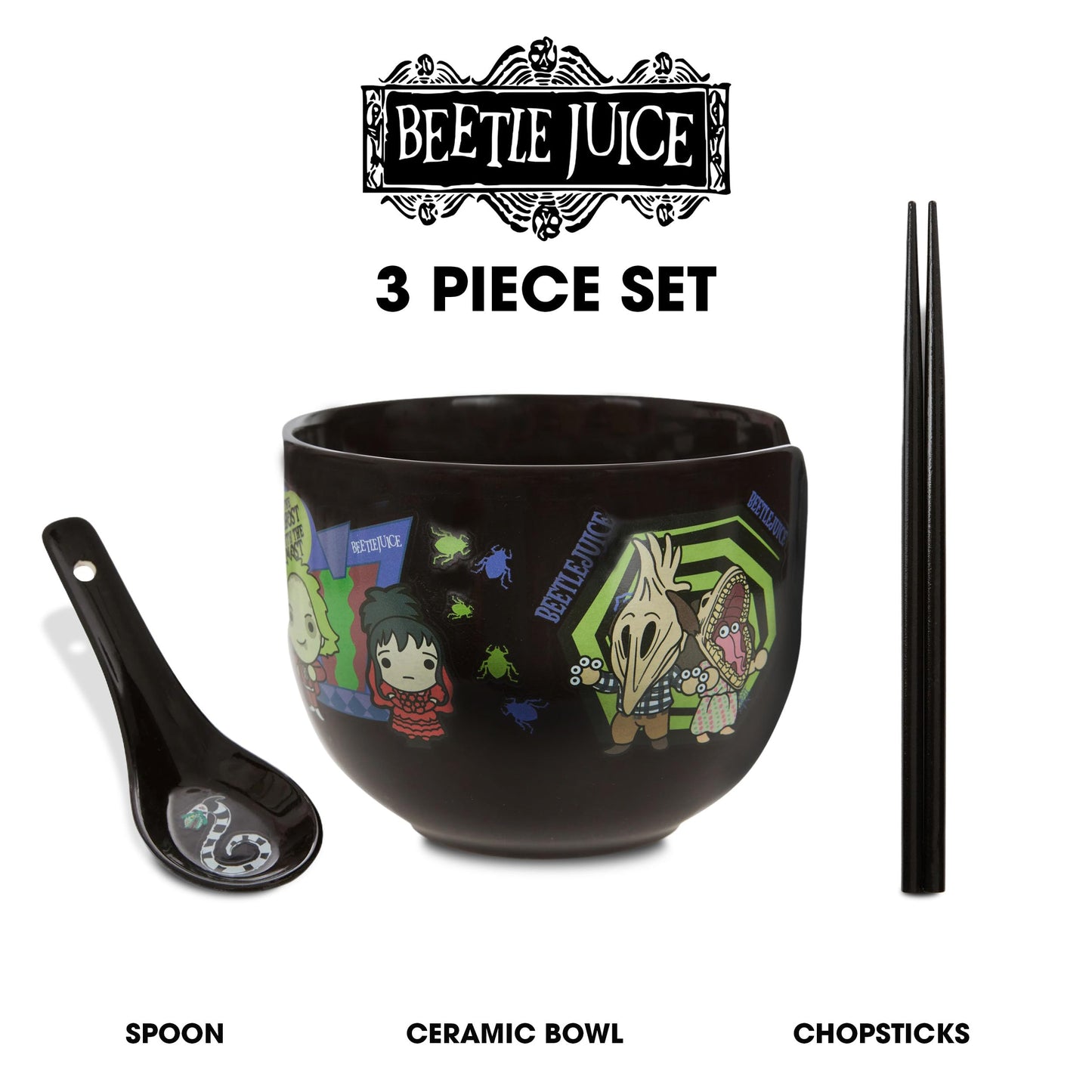 Culture Fly Beetlejuice Microwave Ramen Bowl Set with Chopsticks and Spoon, 20 oz Ceramic Instant Noodle Bowls with Chopsticks, Ramen Noodle Bowl, Rice Bowl Anime Gifts for Men
