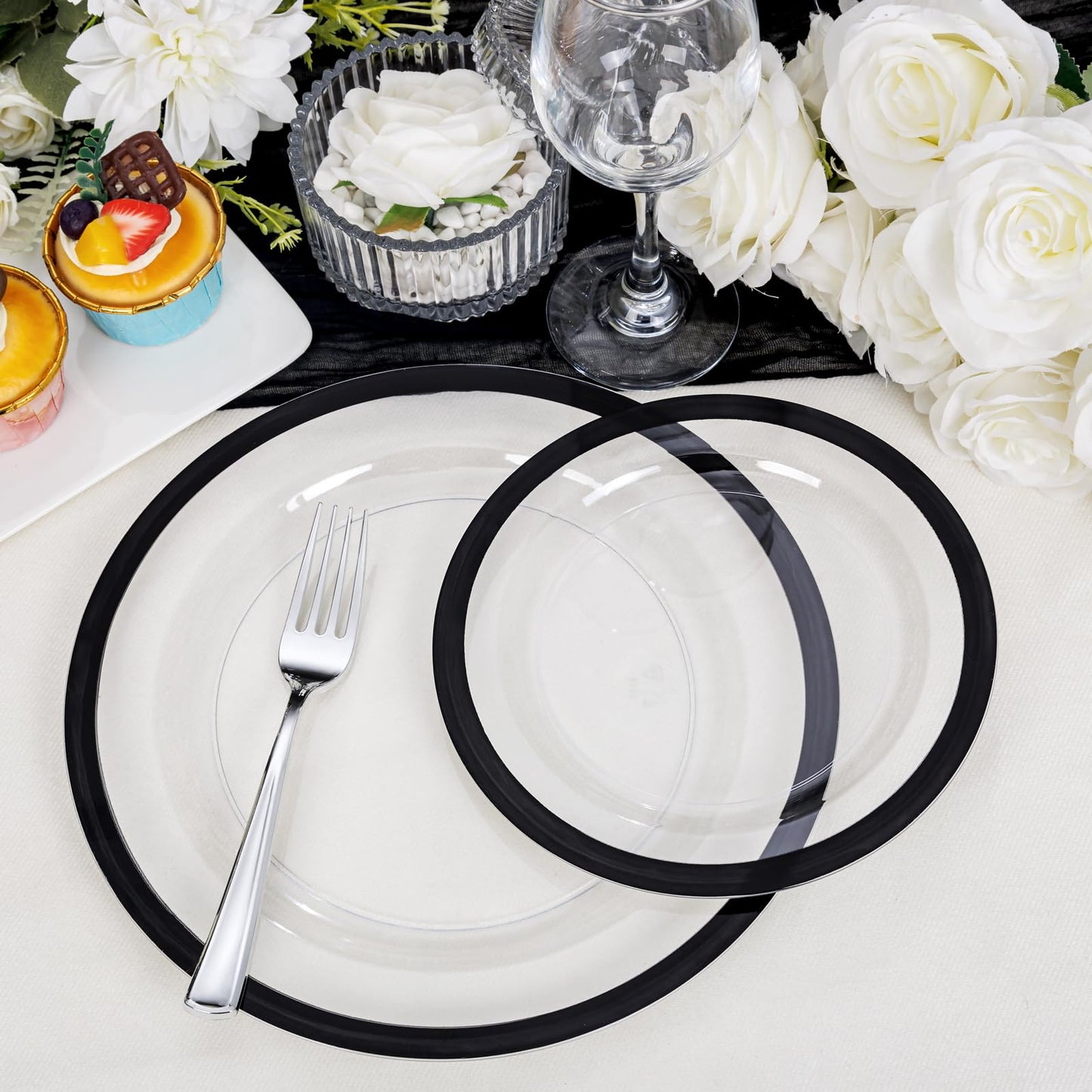 U-QE 120pcs Black Plates Disposable for Party - Clear and Black Plates Disposable Heavy Duty - Fancy Disposable Plates Include 60 10" Dinner and 60 7" Dessert Plate, Perfect for Party & Wedding