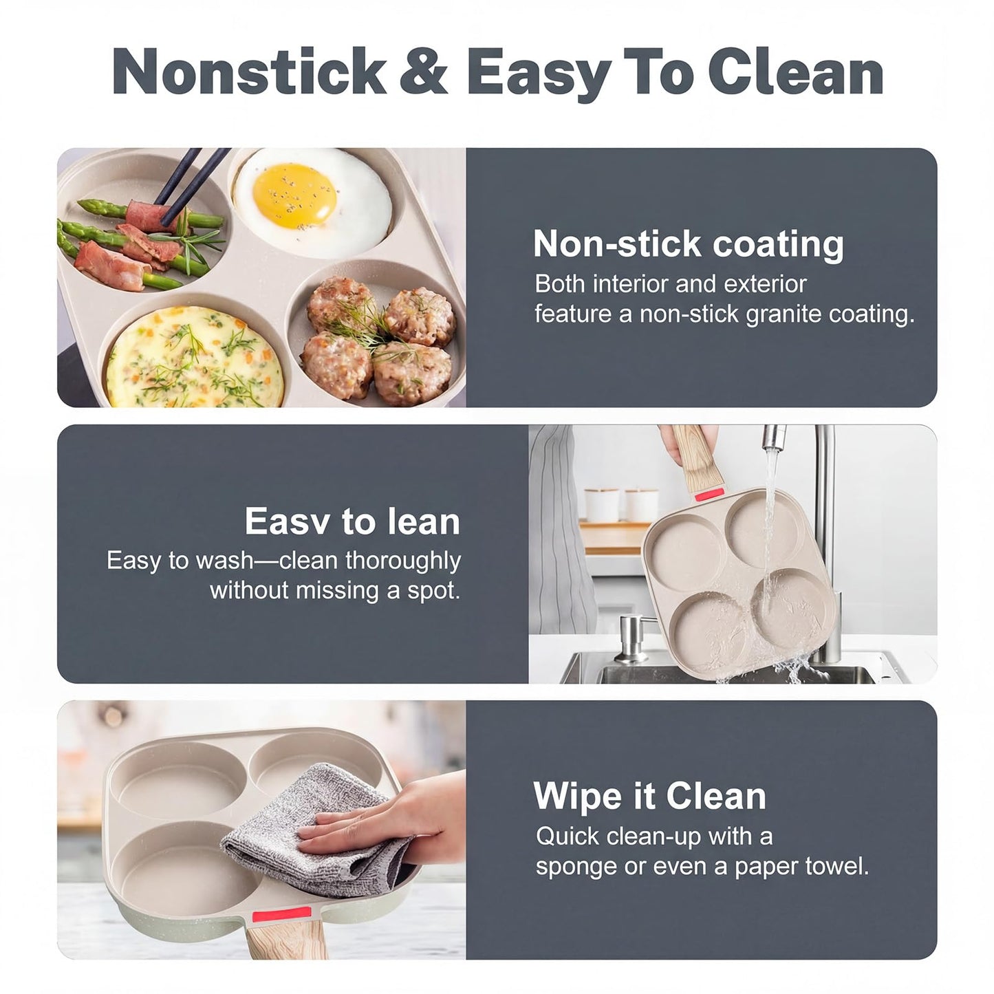 4‑Cup Nonstick Egg Pan Set with Lid – Aluminum Omelette Skillet for Breakfast, Includes Silicone Scraper, Oil Brush, Chopsticks & Cleaning Cloth – Compatible with Gas & Induction Cooktops (White)