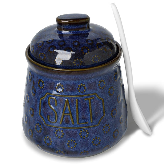 QUXIJA Salt & Pepper Bowl with Lid and Spoon, 10 OZ Ceramic Spices Cellar for Kitchen Counter top, Farmhouse Kitchen Decor (Vntage Blue, 4.3" Label Salt)