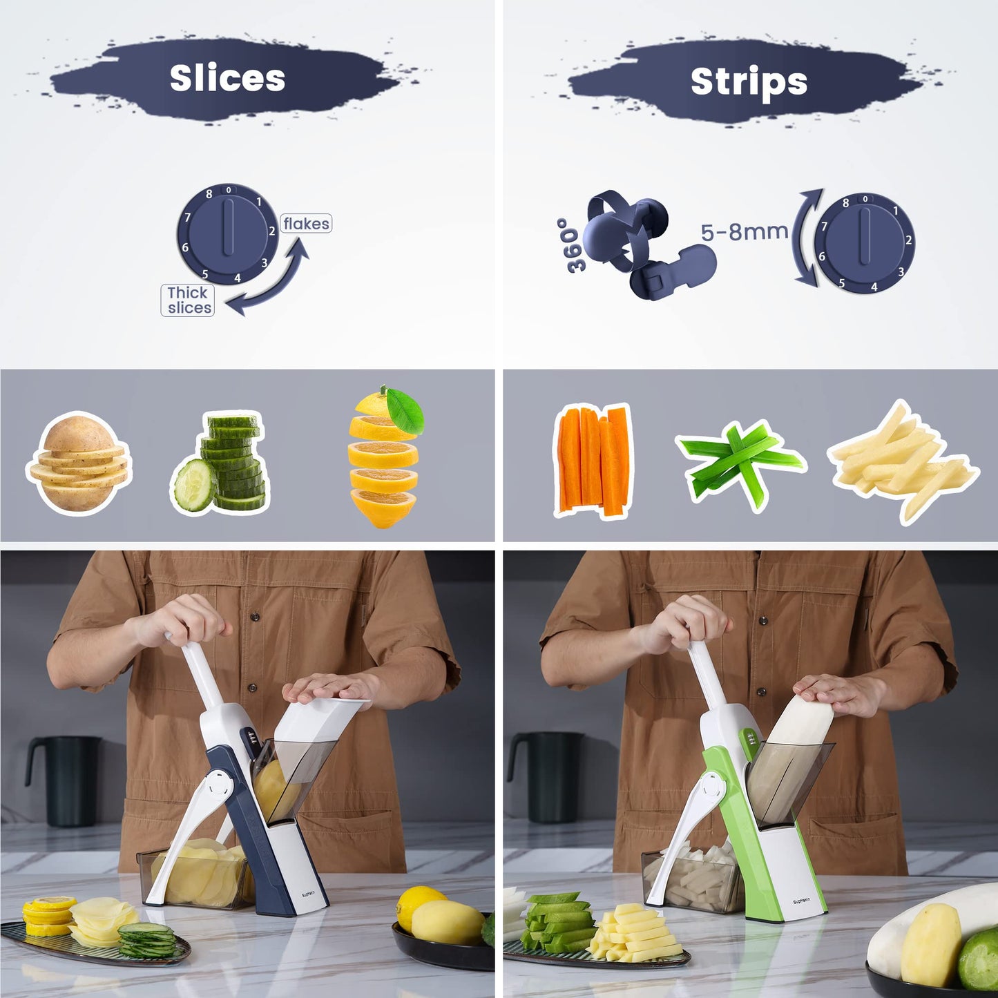 SupMaKin Safe Mandoline Slicer for Kitchen, Potato Slicer, All in 1 Vegetables Slicer and Chopper, French Fry Cutter, Adjustable Thickness, Dishwasher Safe Chopping Artifact Gift (Blue)
