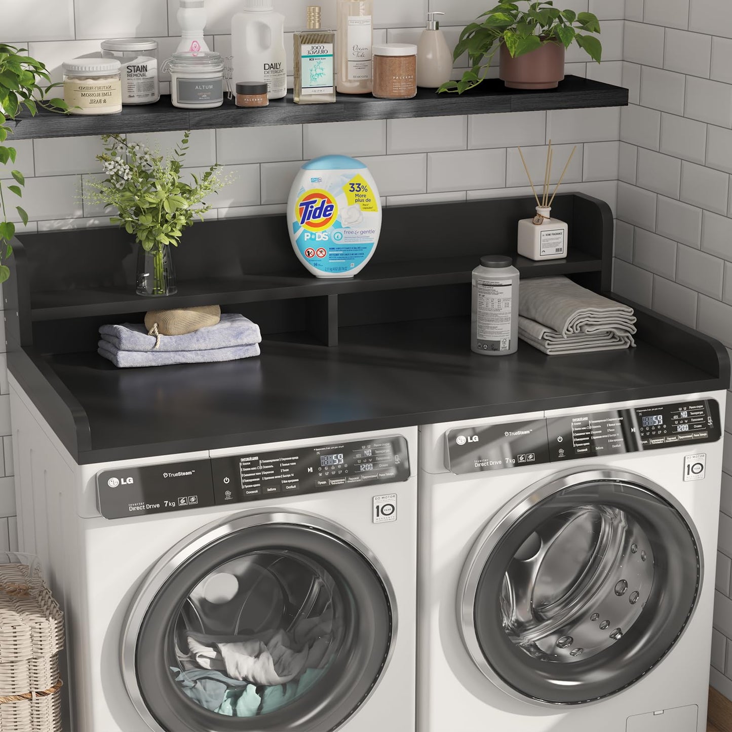 Corbyles 2-Tier Washer Dryer Countertop with 2.75" H Edge Rails, 58" W x 28" D Laundry Countertop for Folding Clothes, Washer and Dryer Topper with Non-Slip Pad (Black)