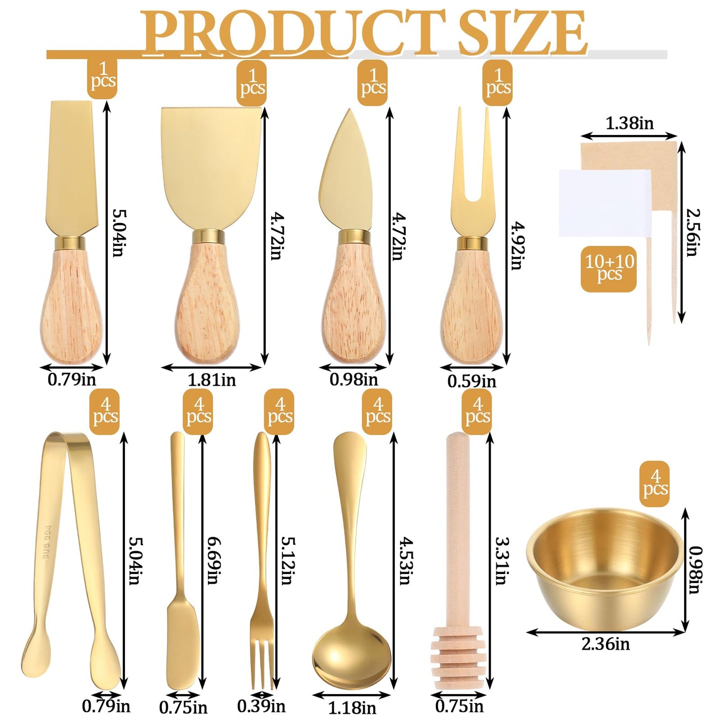 48Pcs Charcuterie Boards Accessories Gold Charcuterie Utensils Butter Spreader Knives Set Stainless Steel Cheese Mini Serving Tongs Spoons Forks Dipping Bowls Toothpick Flags Utensil for Pastry Making