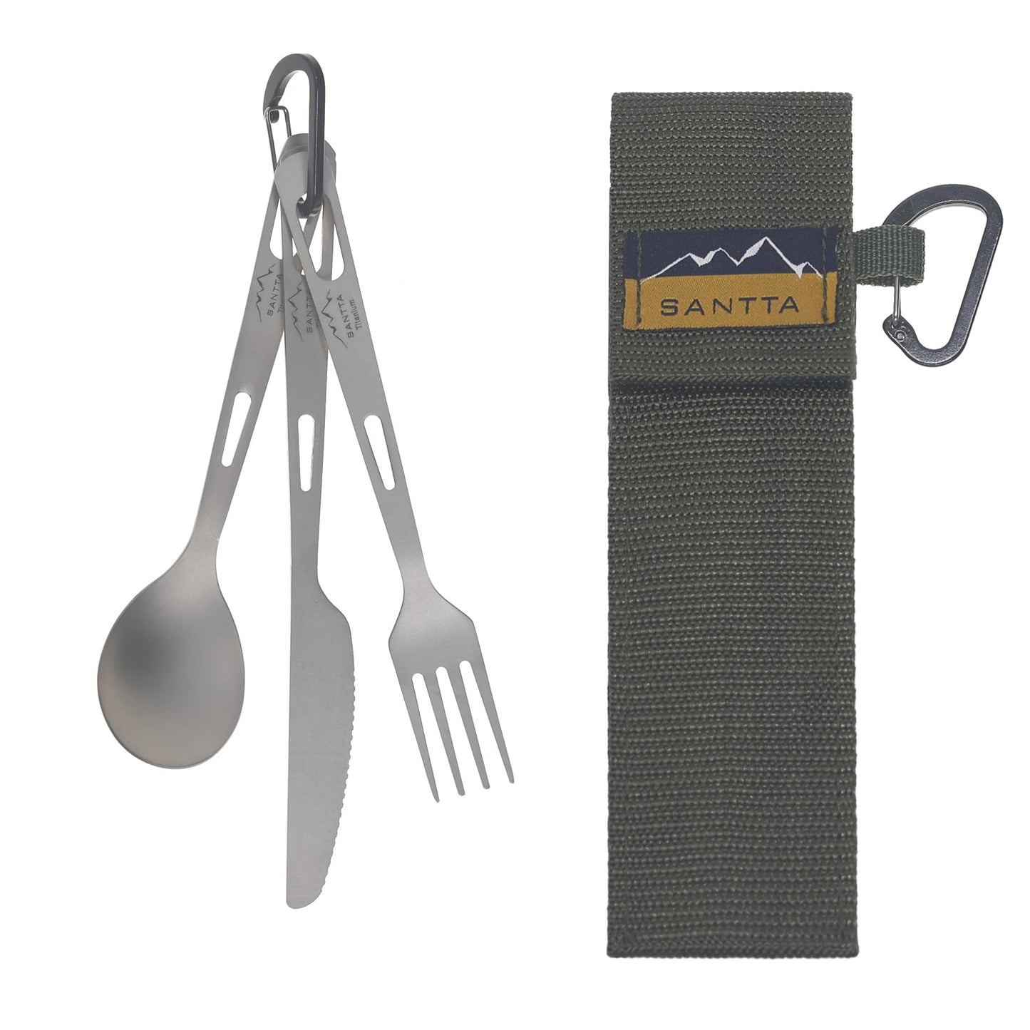 SANTTA Titanium Camping Utensils, Ultra Light Spoon Fork Knife 3 Piece Set, Cutlery Set with Pouch and Carabiner for Outdoor Camping, Hiking, Backpacking, Hiking, Picnic and Travel
