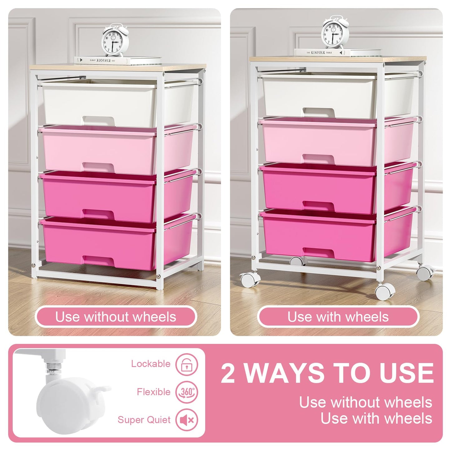 SYKIARIOL Utility-Rolling-Craft-Storage-Cart-Organizer with 4 Drawers and Wooden Tabletop, 4 Tier Drawer Cart for Home Office, Kid Room, Classroom Teacher, Dorm, Pink