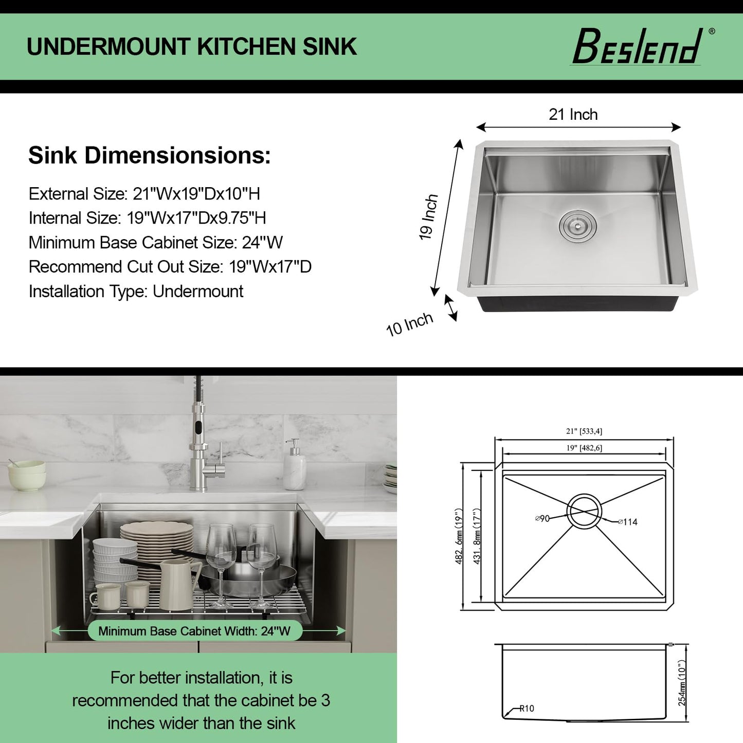 21 Undermount Bar Sink - Beslend 21x19 Inch Stainless Steel Bar Sink 16 Gauge Fully Covered Workstation Sinks RV Sinks 10 Inch Deep Under Counter Single Bowl Basin with Cutting Board