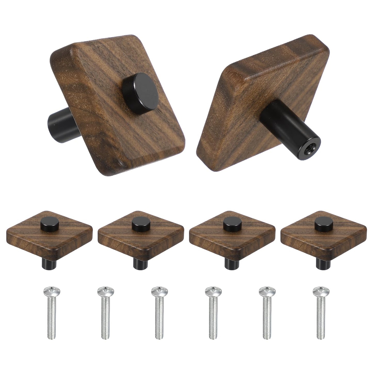 uxcell 6 Pcs Wood Cabinet Knobs, 2.2 Inch Rhombic Single Hole Wooden Drawer Knobs Mushroom Shape Handle Pulls with Screws for Furniture Closet Dresser, Black Wood Color