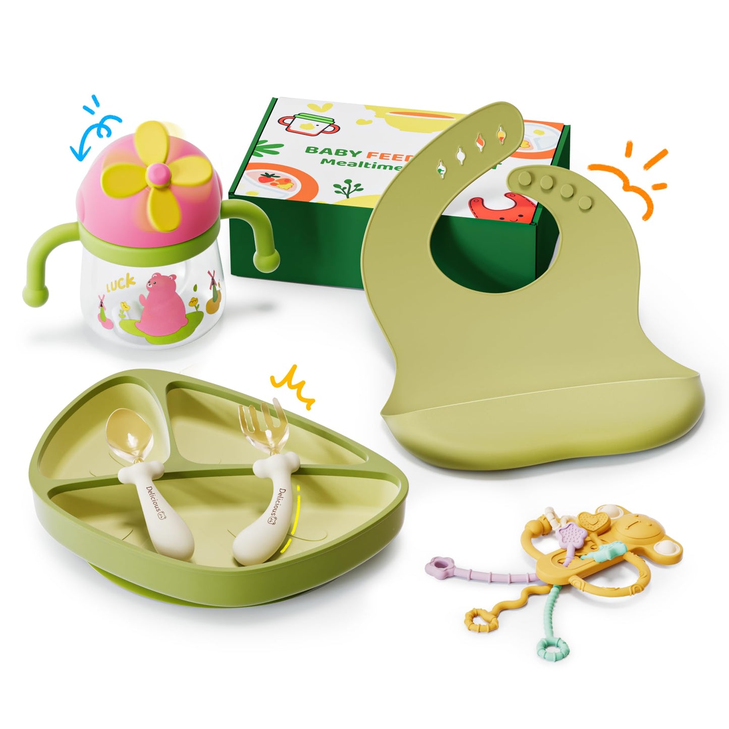 EMOJOY Silicone Baby Feeding Set, Toddler Plates Set 8 PCS – Suction Plate, Spoons, Forks, Bibs and Sippy Cups, Baby Led Weaning Essential, BPA-Free Baby Dishes & Utensils, Dishwasher Safe