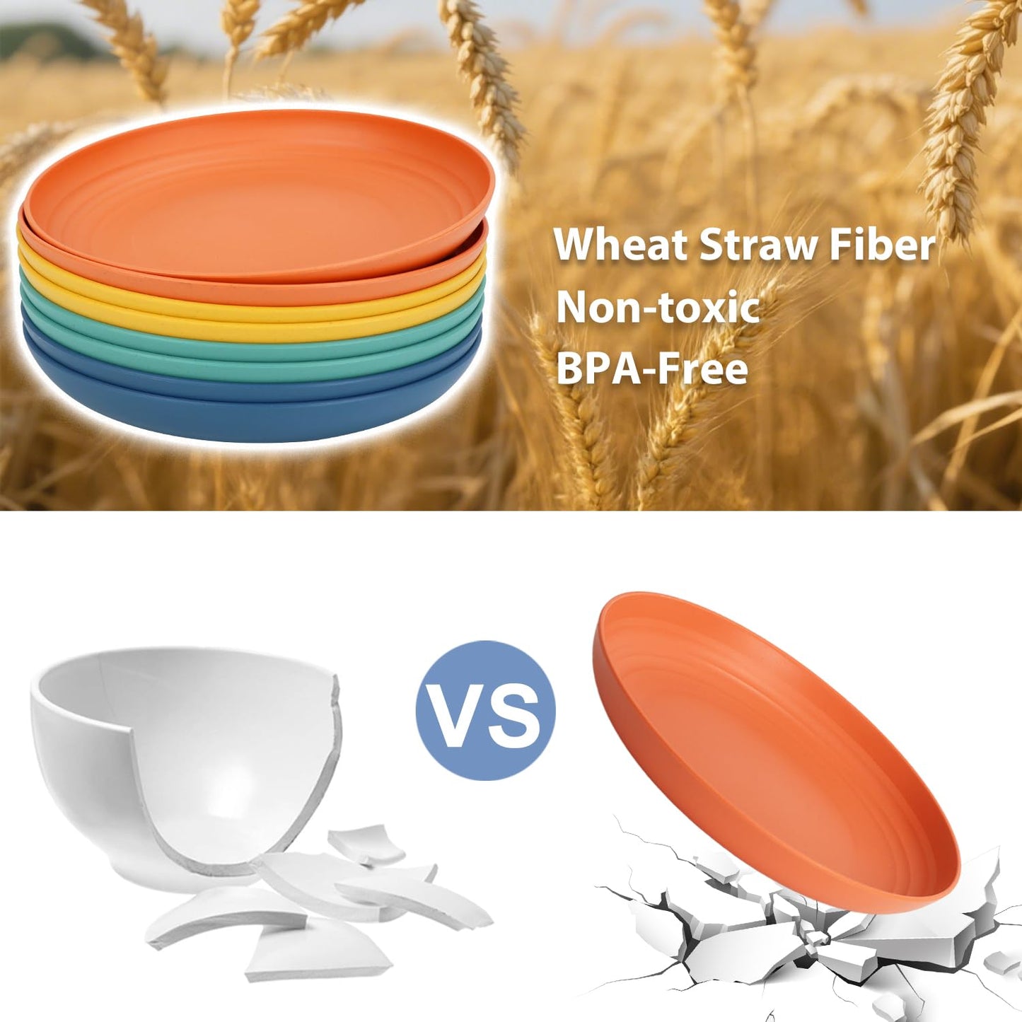 BUSOKIP Wheat Straw Plate 9 Inch, Deep Dinner Plates Set of 8, Unbreakable Plastic Plate Reusable, Microwave & Dishwasher Safe Kitchen Plates for Camping, Picnic, Travel, Outdoor (Multi Colors)