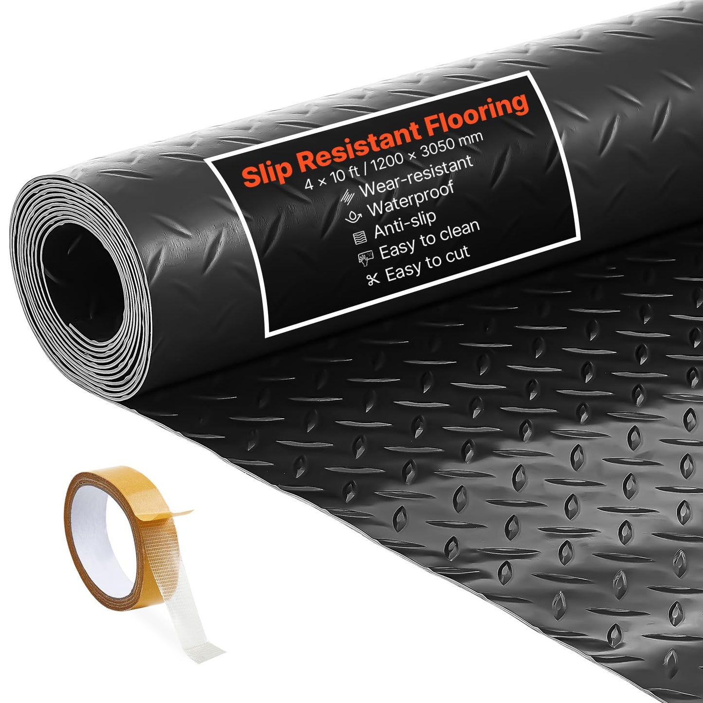 VEVOR Garage Floor Roll, 4 x 10 ft Garage Flooring Mat, 2.2 mm Thickened PVC Diamond Plate Floor Protector Mat with Double-Sided Tape, Non-Slip, Easy to Clean for Warehouse, Gyms, Trailer, Black