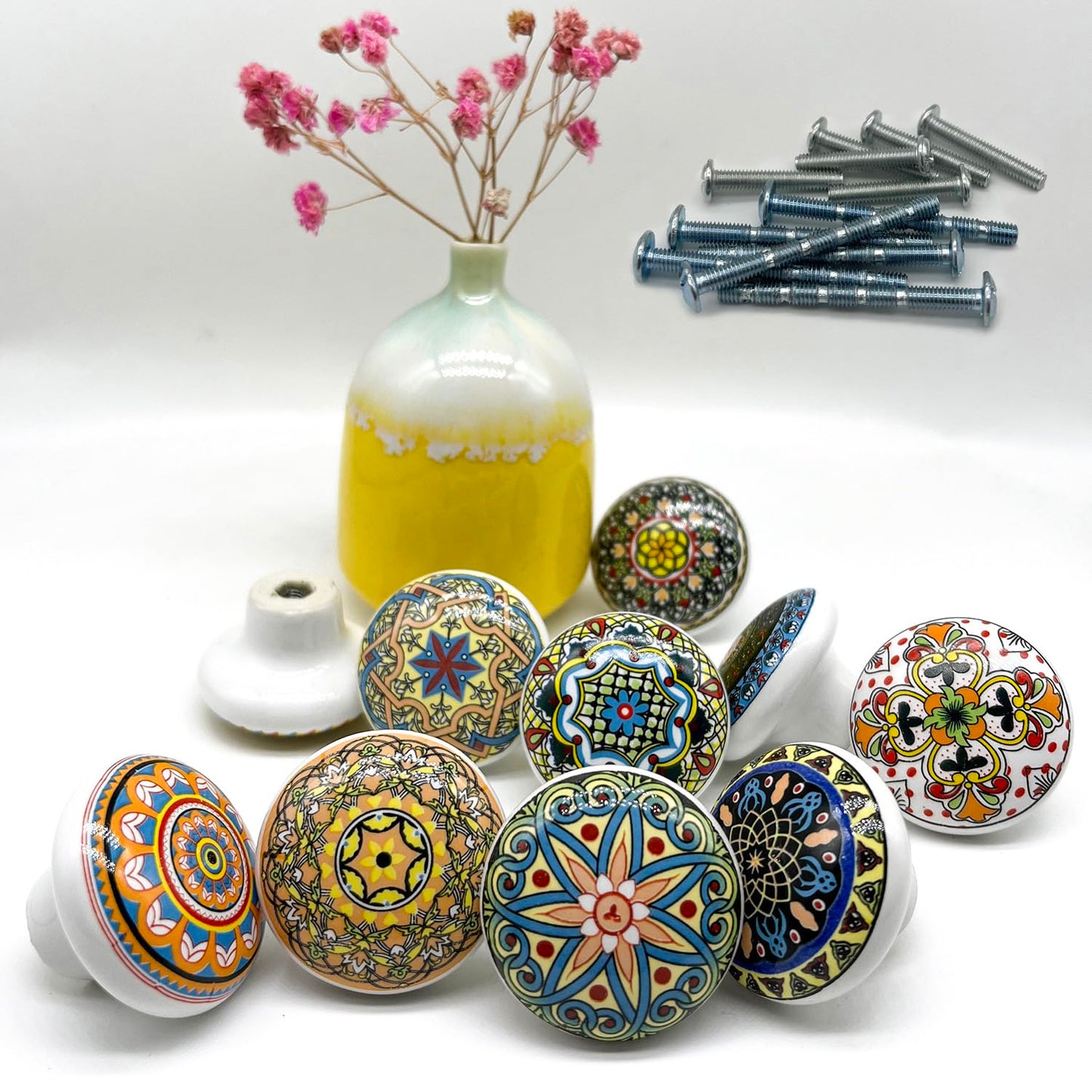 YOUYOUULU Bohemian Ceramic Knobs - 10Pcs Round Porcelain Knobs - Exquisite Ceramic Bohemian Handles - Bohemian Style Cabinet Knobs
