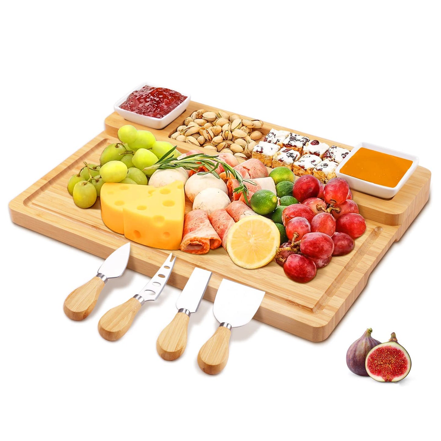 Charcuterie Boards Set, Cheese Board and Knife Set with 2 Ceramic Bowls, Bamboo Cheese Tray Serving Board - Unique, Wedding, Housewarming, Birthday Gifts