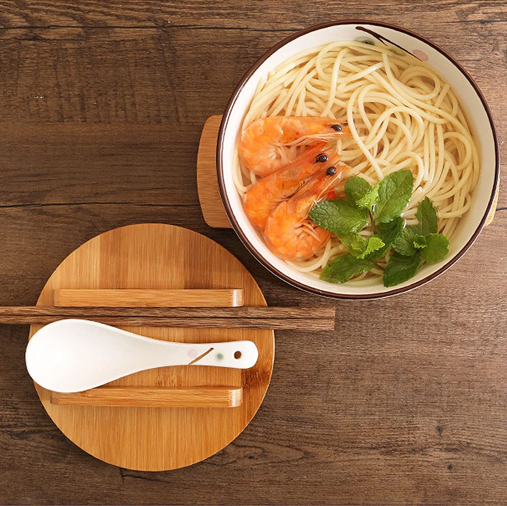 WHJY White Ceramic Bowl with Lid, Spoon, Chopsticks for Soup, Rice, Noodles. Japanese Traditional Style Tableware.