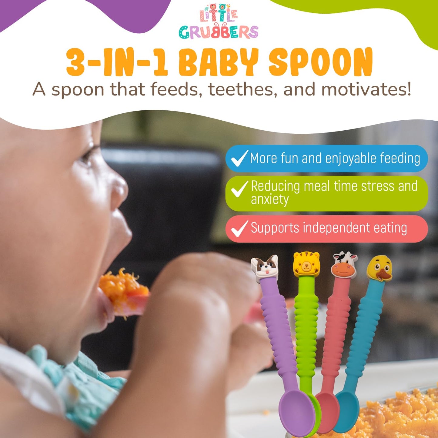 Little Grubbers 3-in-1 Silicone Baby Spoon Self Feeding 6+ Months - Pediatric OT Designed Teether Spoon, BPA Free Infant Toddler Utensils, Mess-Free, Fun for Baby Led Weaning Supplies - 4 Pack