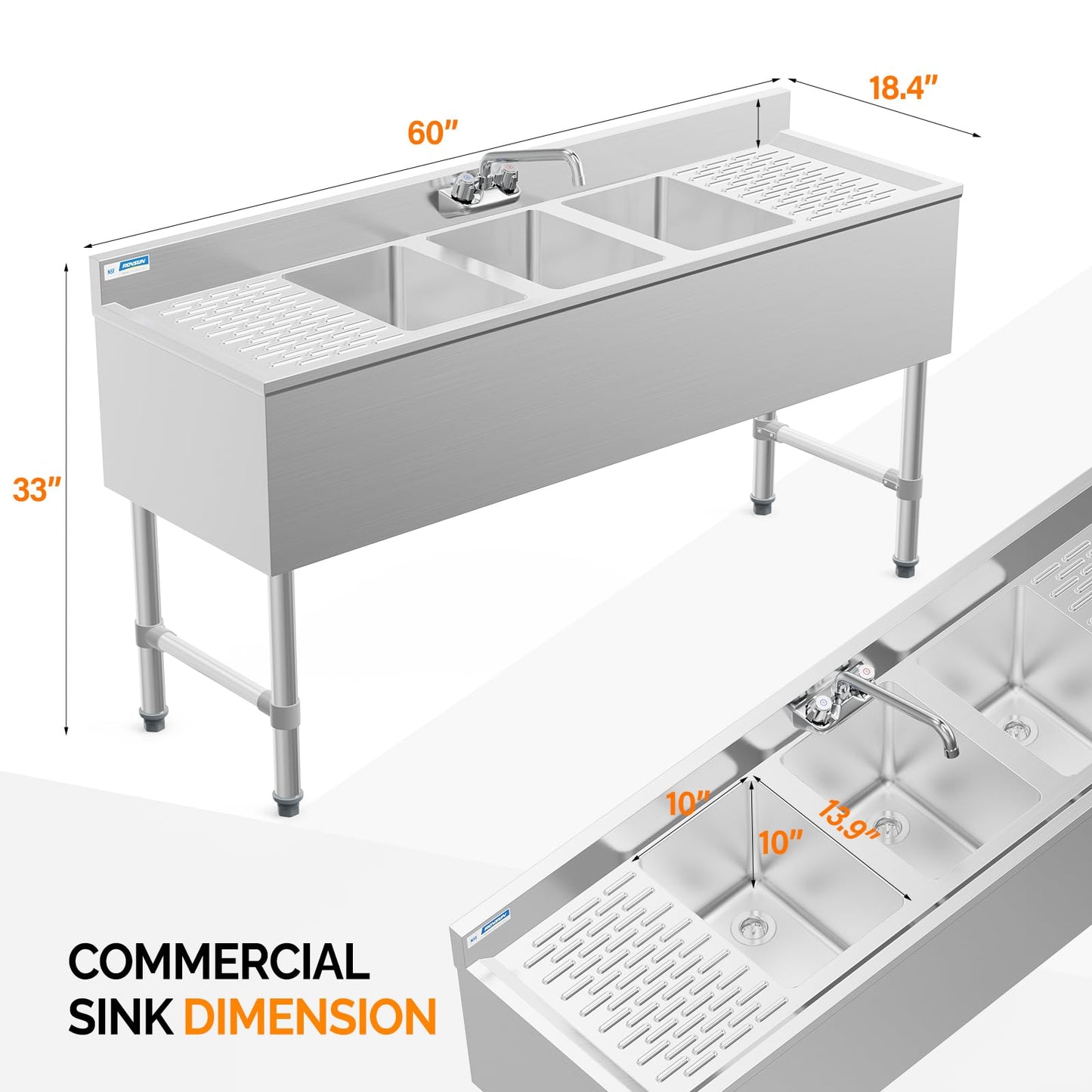 ROVSUN NSF 3 Compartments Bar Sink, Commercial Stainless Steel Underbar Sink with Double Drainboard, Freestaning Large for Kitchen, Bar, Laundry, Garage Use, 60 L x 33 W x 18.4 H