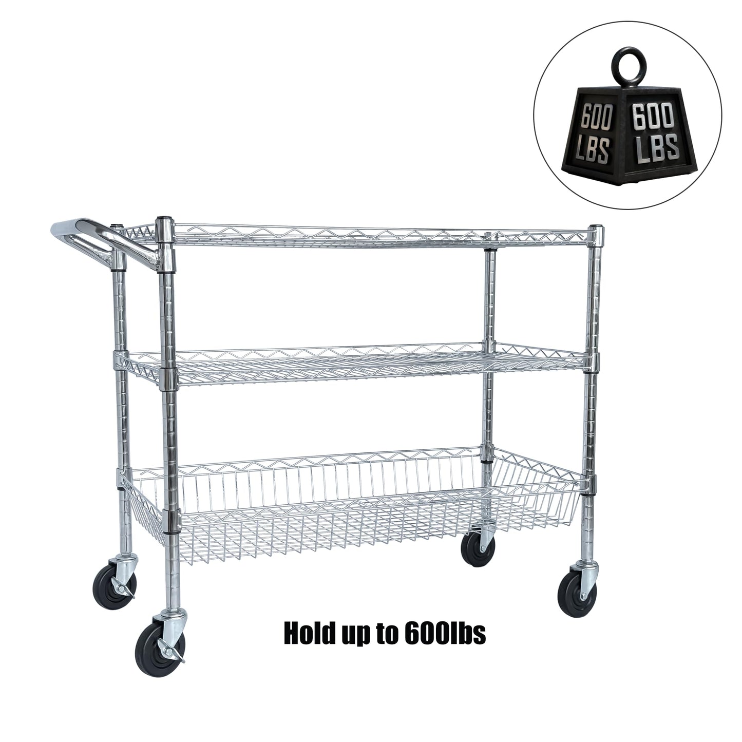 Sailret 36" Wx18 D Commercial Grade Rolling Utility Cart, 3 Tiers Metal Kitchen Utility Cart with Wheels for Restaurant, Office & Home, Storage Trolley with 105 mm Deep Basket, Wire Food Service Cart