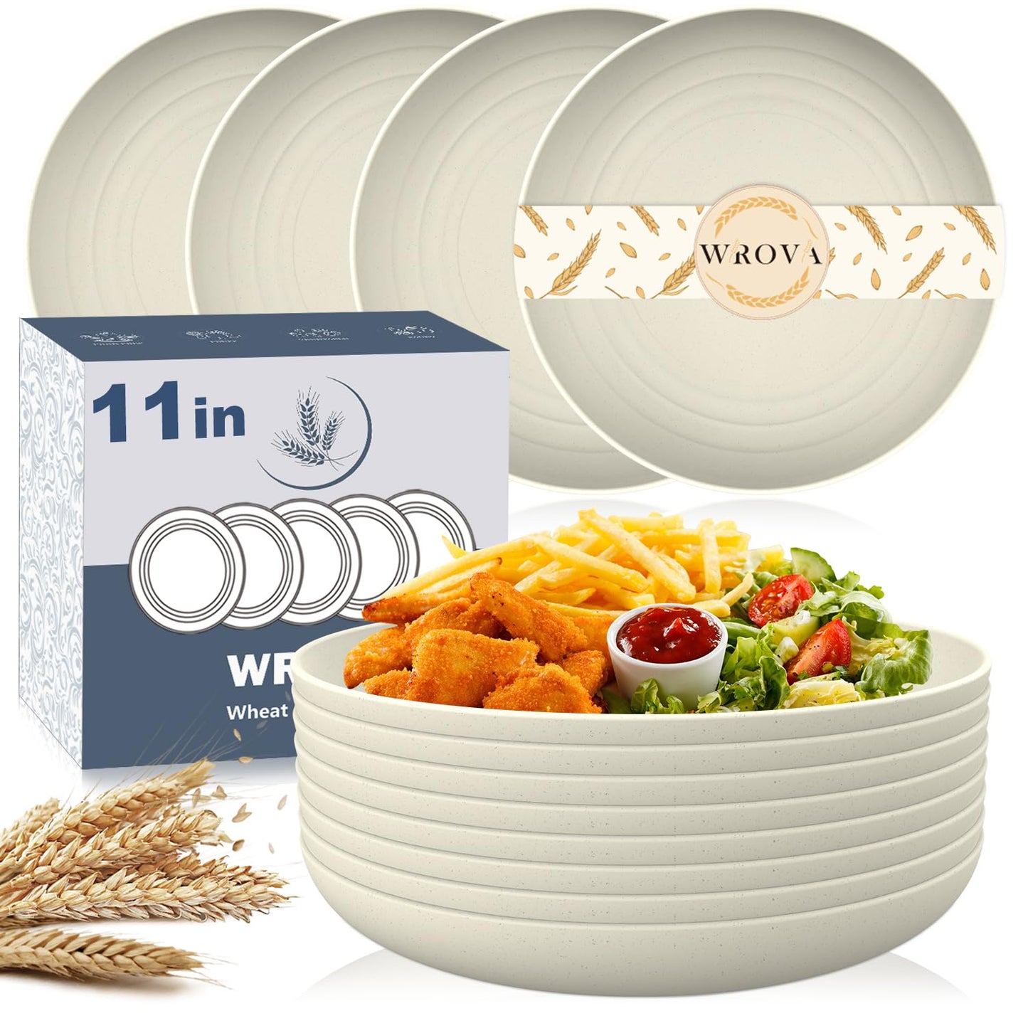 Wrova Large Wheat Straw Dinner Plates - 11 Inch Set of 8 - Unbreakable, Dishwasher & Microwave Safe - Deep Edge for Kitchen & Camping (Beige)