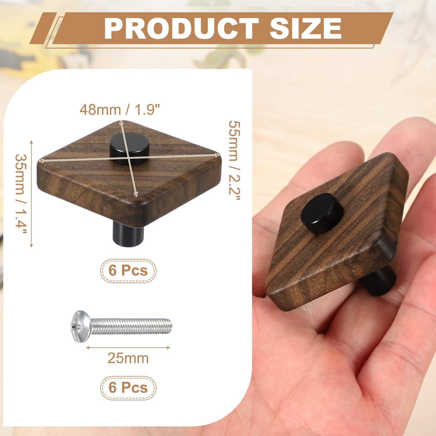uxcell 6 Pcs Wood Cabinet Knobs, 2.2 Inch Rhombic Single Hole Wooden Drawer Knobs Mushroom Shape Handle Pulls with Screws for Furniture Closet Dresser, Black Wood Color