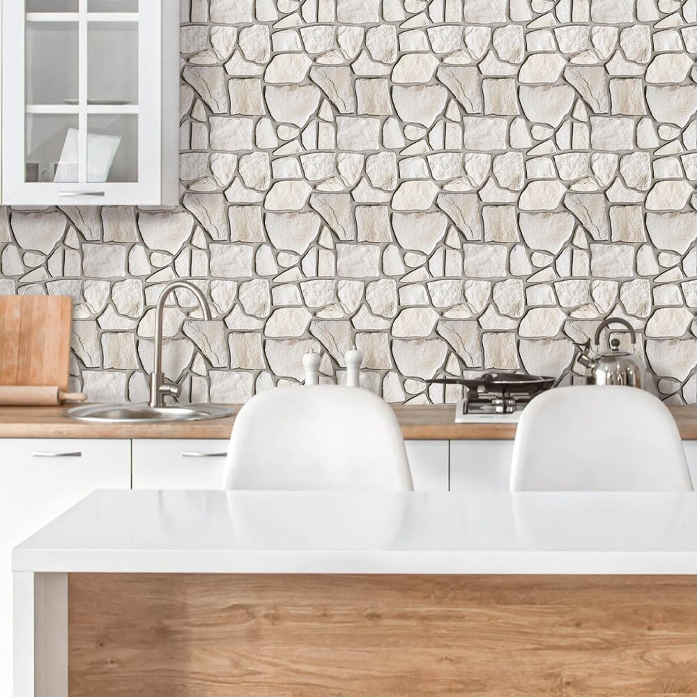 COMSTICKC 3D Faux Stone Wall Sticker Peel and Stick Wall Panels, 10 Pcs of 12"X12", Not Real Stone Ultra-Light Thin PVC Rock Adhesive Fake Stone Wall Covering Wallpaper Indoor Wall Decor, Beige