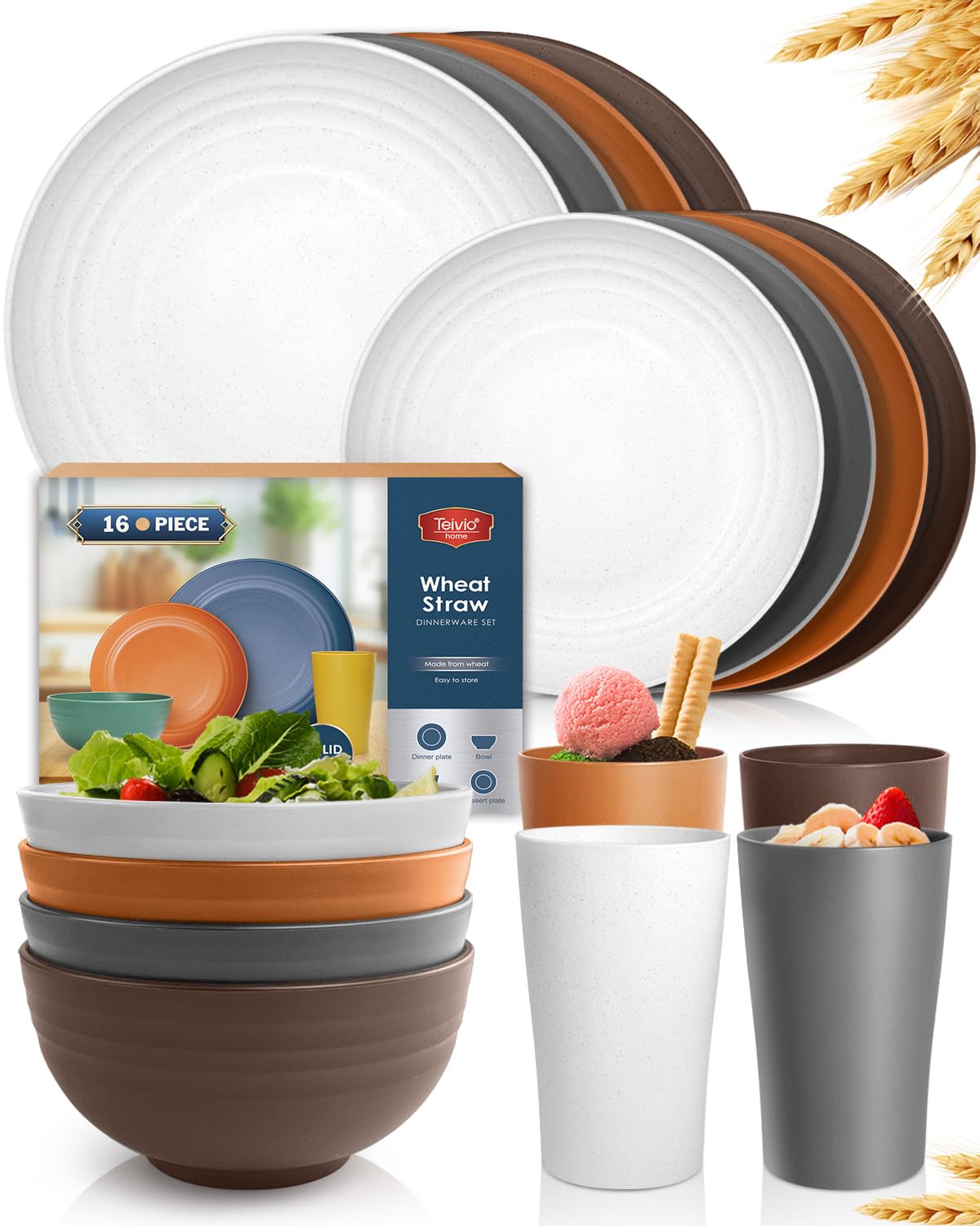Teivio 16-Piece Kitchen Plastic Wheat Straw Dinnerware Set, Service for 4, Dinner Plates, Dessert Plate, Cereal Bowls, Cups, Unbreakable Plastic Outdoor Camping Dishes, Farmhouse