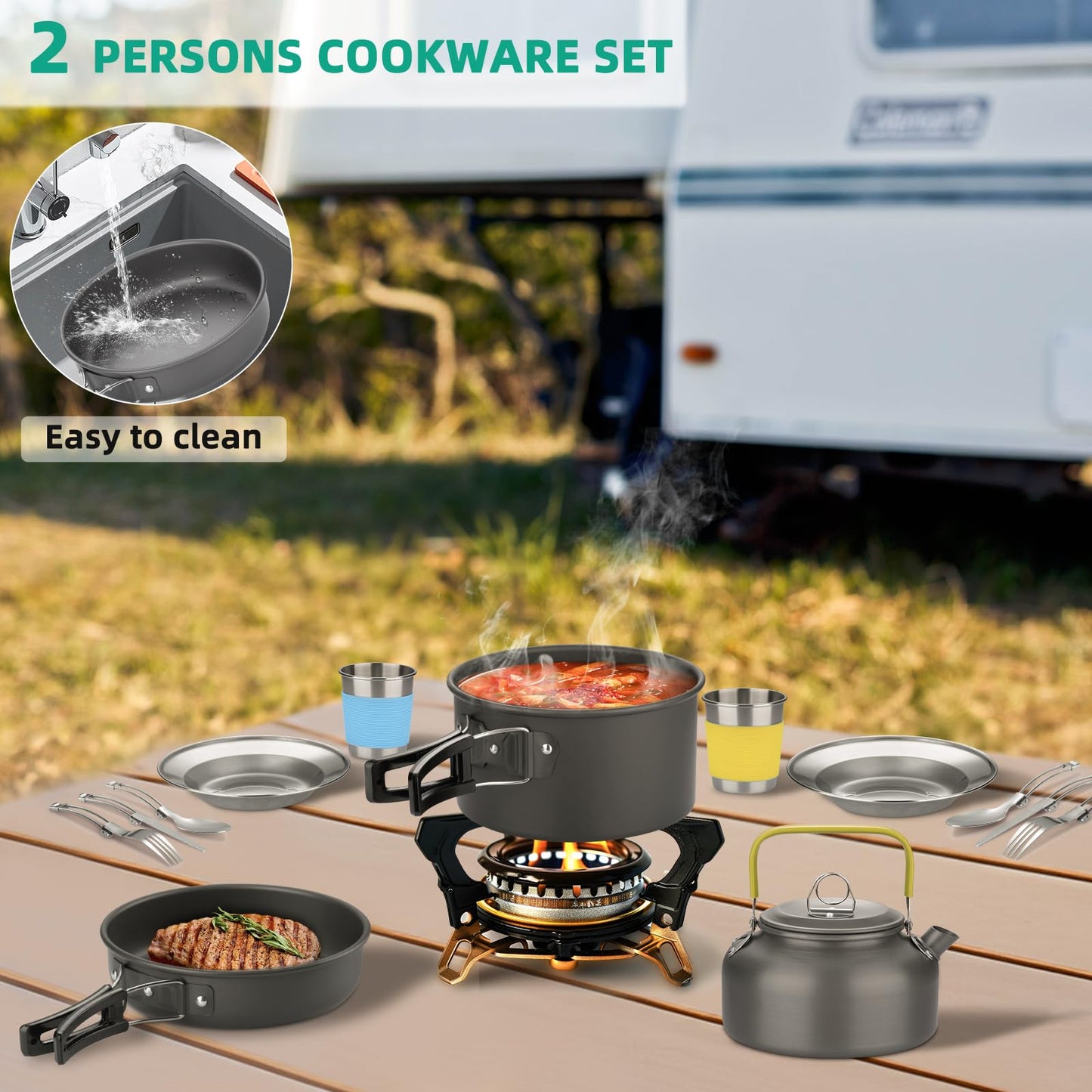 17pcs Camping Cookware Kit, Aluminum Non-Stick Pot, Pan and Kettle Set with 2 Set Stainless Steel Cups Plates Forks Knives Spoons for Backpacking and Hiking Camping