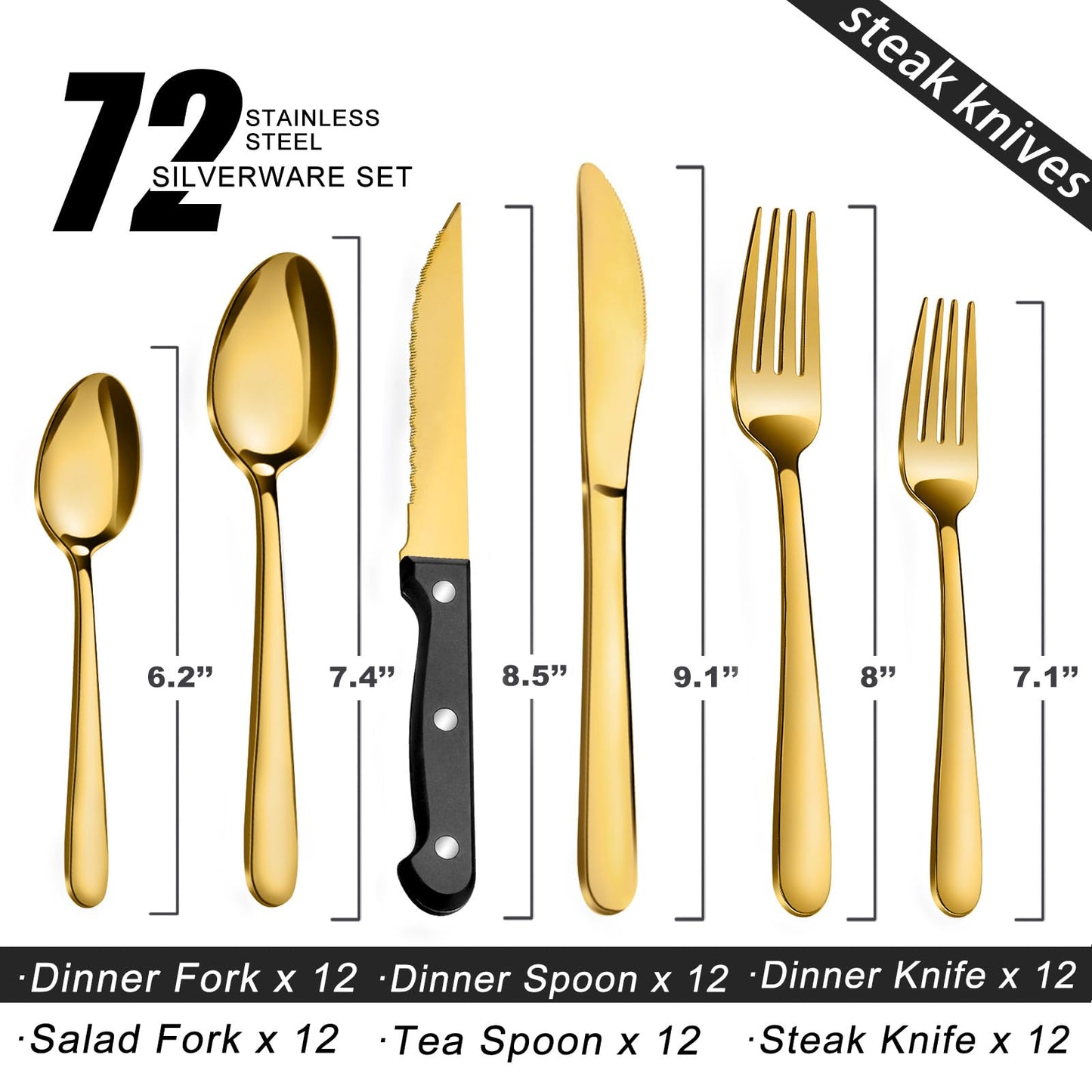 Pleafind 72Pcs Gold Silverware Set for 12 - Dishwasher Safe, Flatware Set with Steak Knives, Stainless Steel Cutlery Set, Include Forks Spoons and Knives Set, Utensil Sets for Home Restaurant