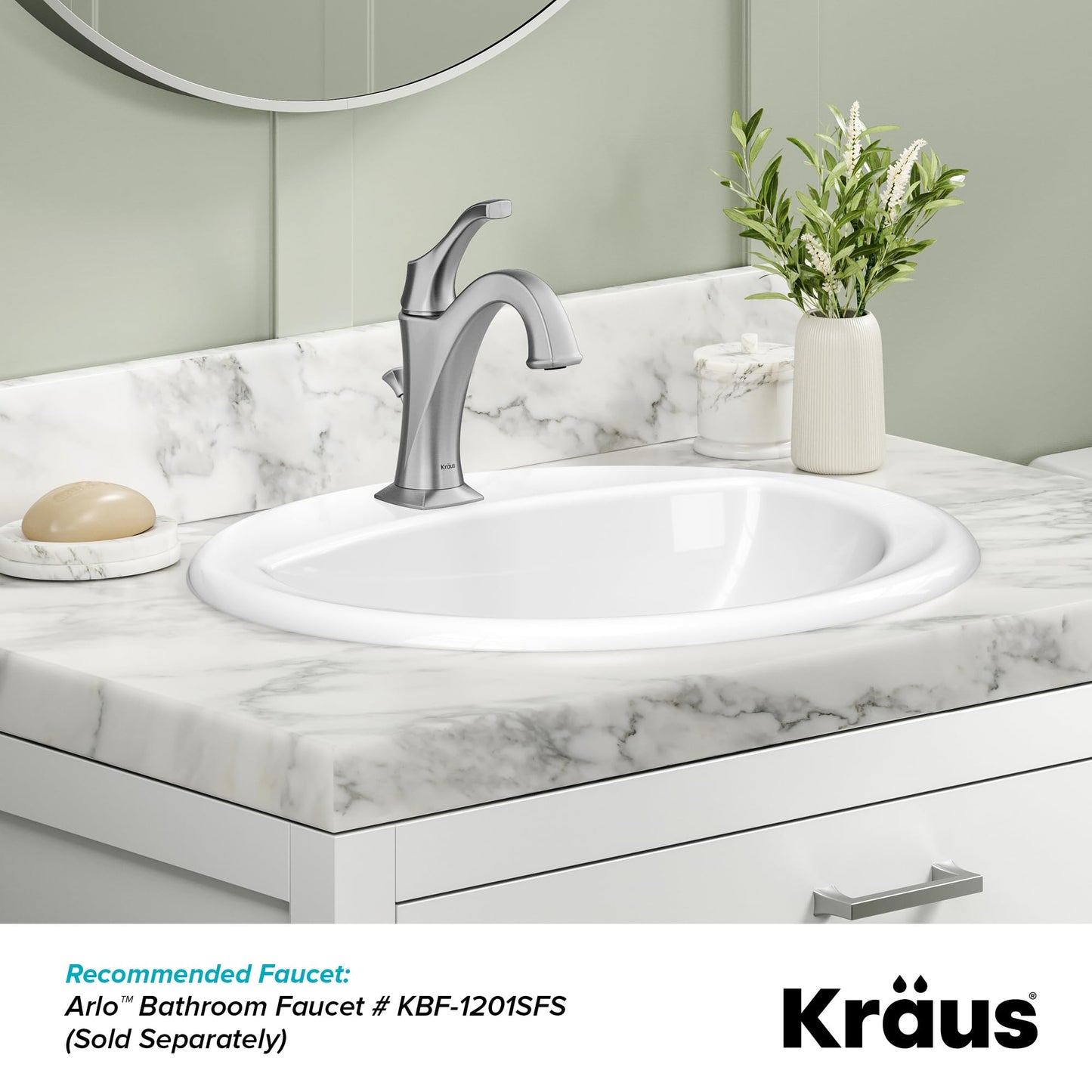 KRAUS Elavo 20.5 in. Oval Porcelain Ceramic Self-Rimming Drop In Bathroom Sink in White with Overflow Drain, KCT-100